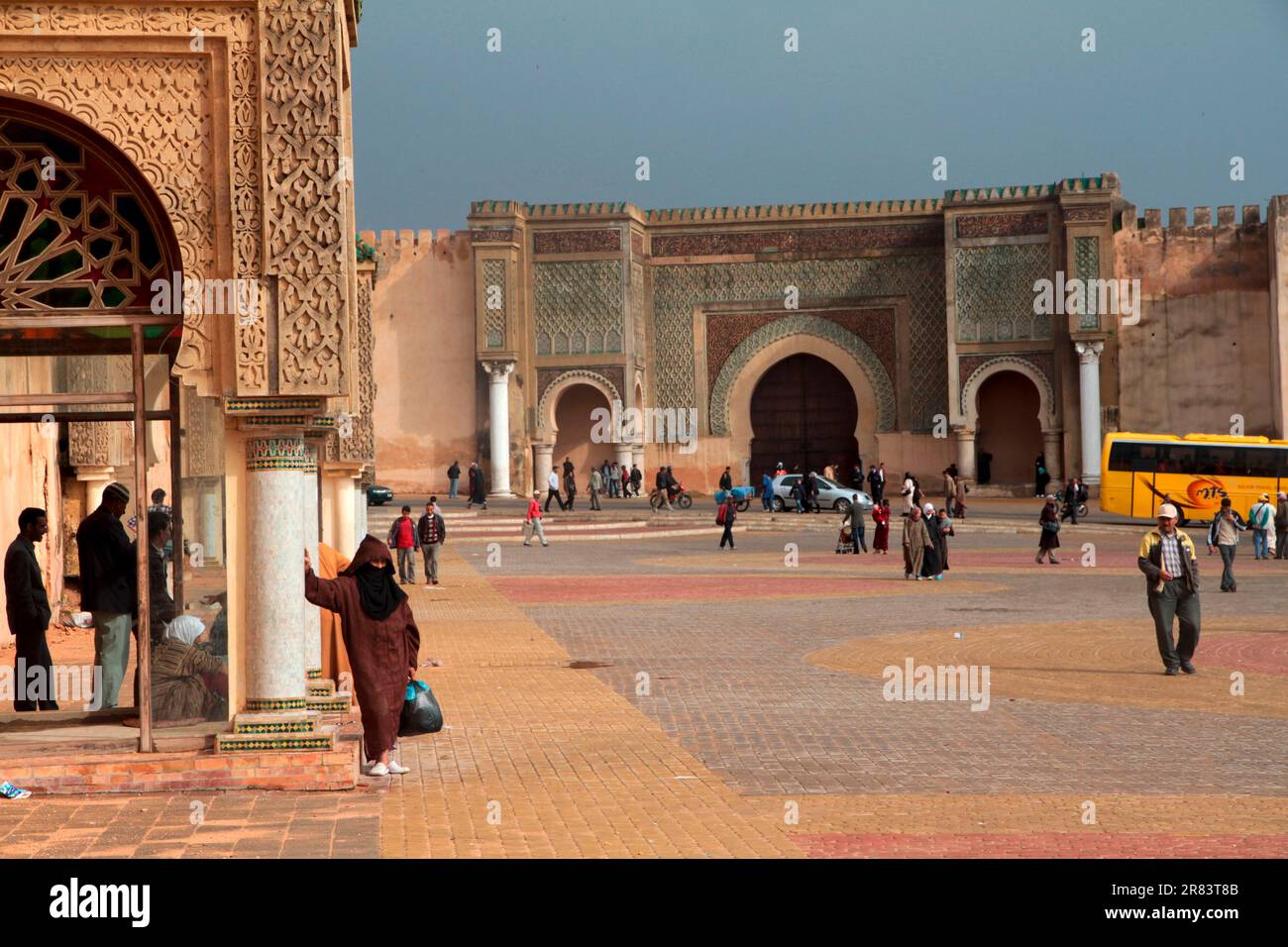 The Place el Hedim, in the background the Bab el Mansour, Meknes Morocco Stock Photo