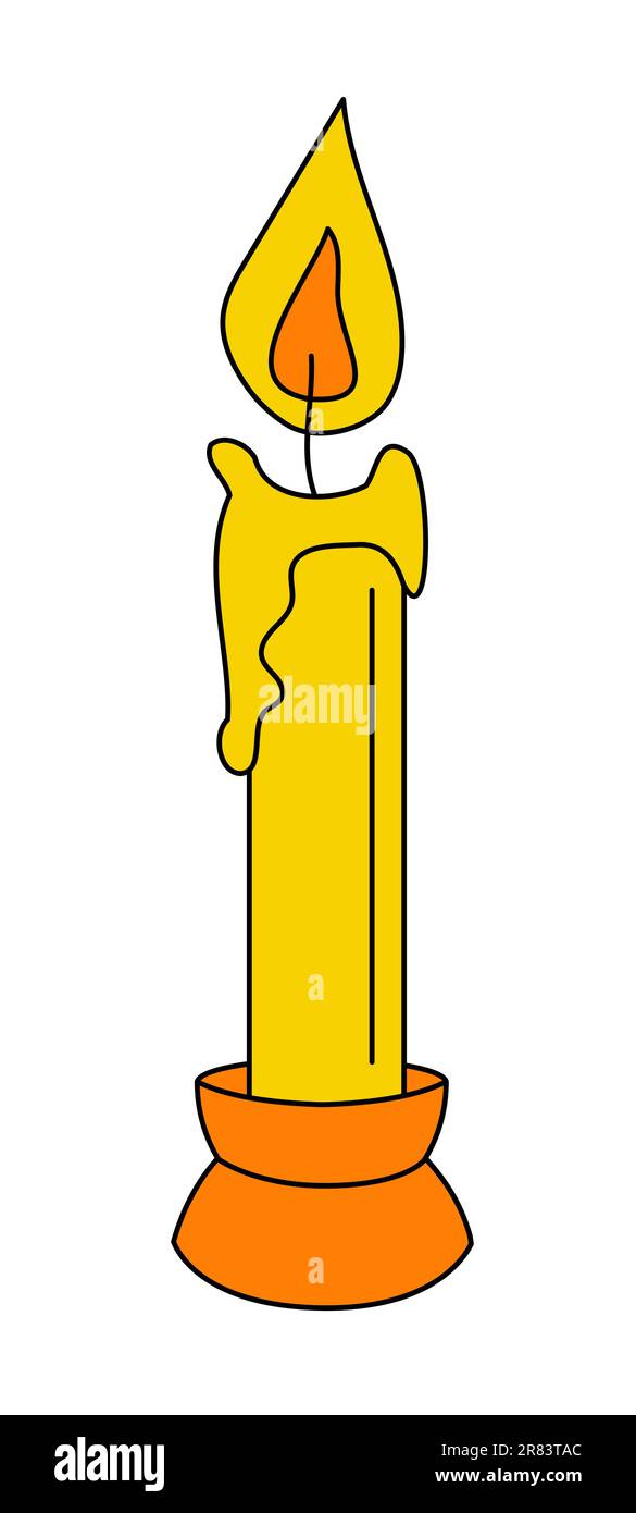 Candle, stump standing, wax melting, yellow flame dancing on the wick. Simple flat design element in retro style Stock Vector