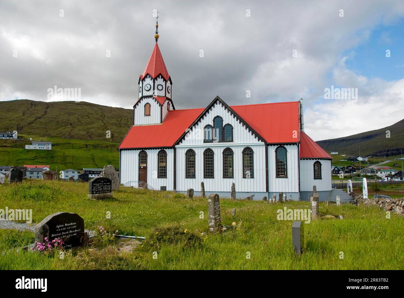 Church, Sandavagur, Vagar Island, Faroe Islands, Denmark, Faroe Islands Stock Photo