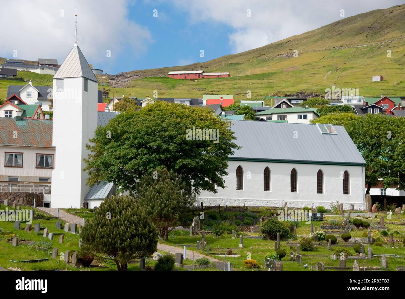 Church, Vestmanna, Streymoy Island, Faroe Islands, Denmark, Faroe Islands Stock Photo