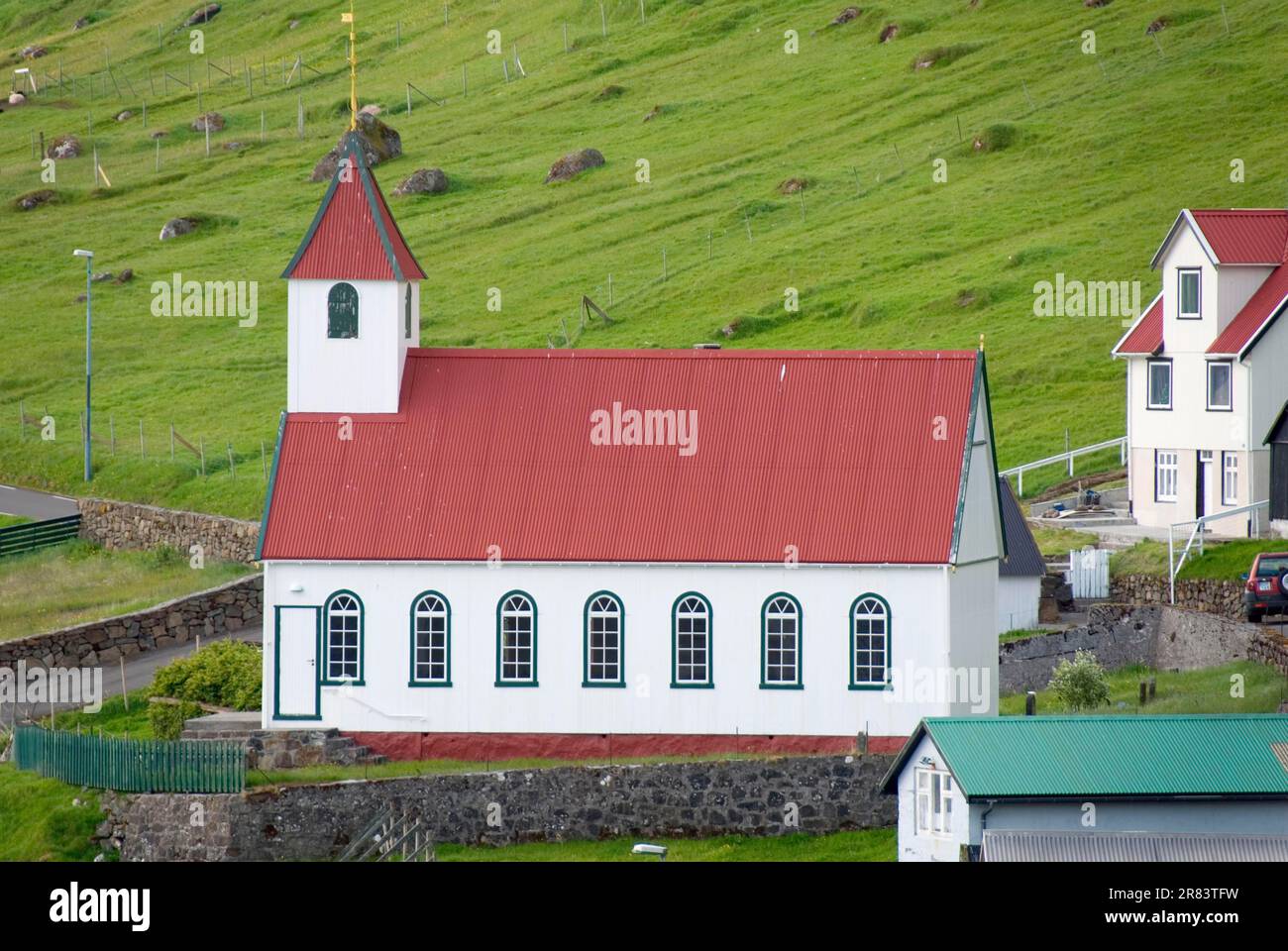 Church, Kunoy, Kunoy Island, Faroe Islands, Denmark, Faroe Islands Stock Photo