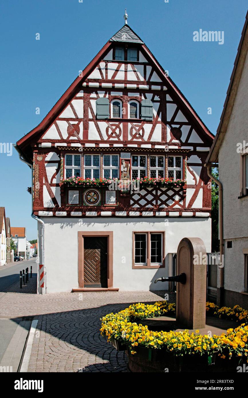 Historic mayor's office, Buettelborn, Hesse, Buergermeisterei, Germany Stock Photo