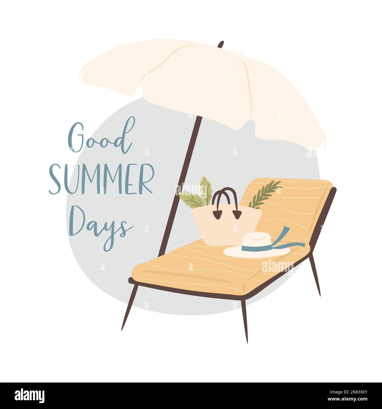 Good summer beach days. Sun beds and umbrella on the beach. Vector