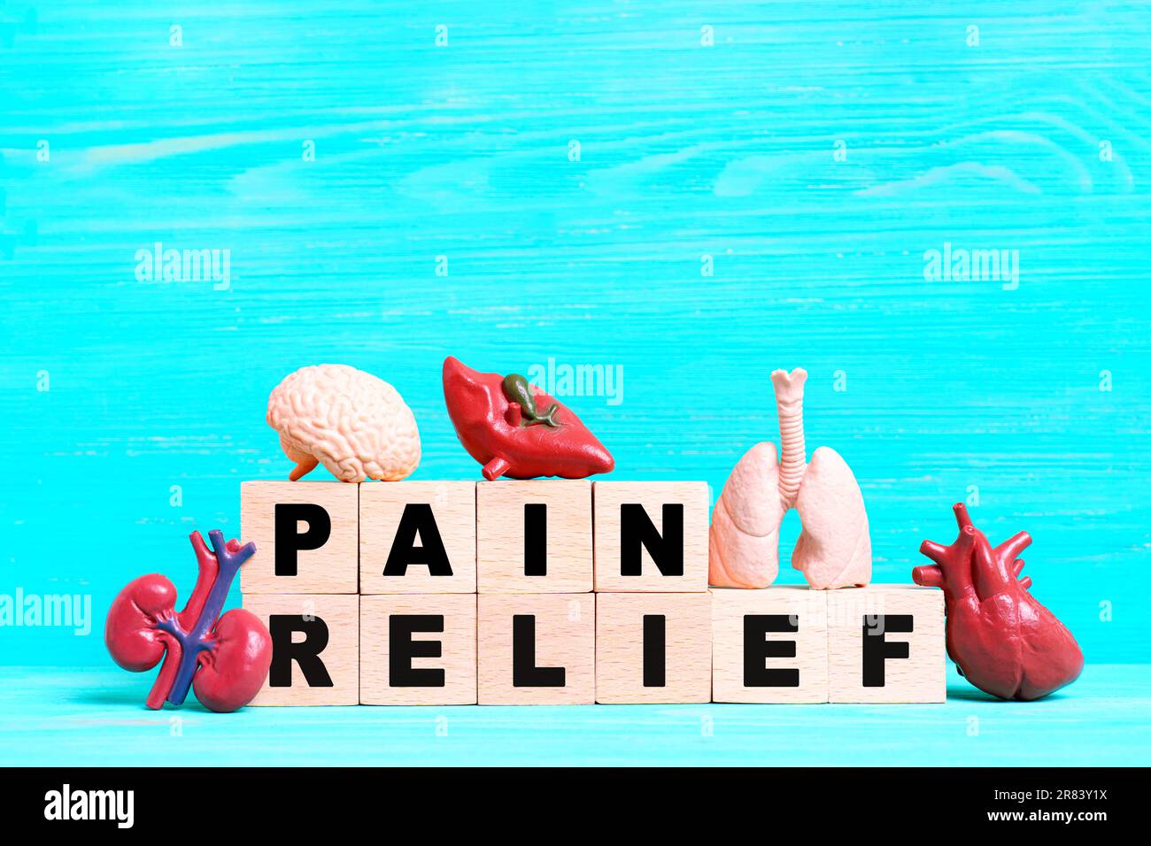 Words "PAIN RELIEF" spelled out with wooden blocks, surrounded by