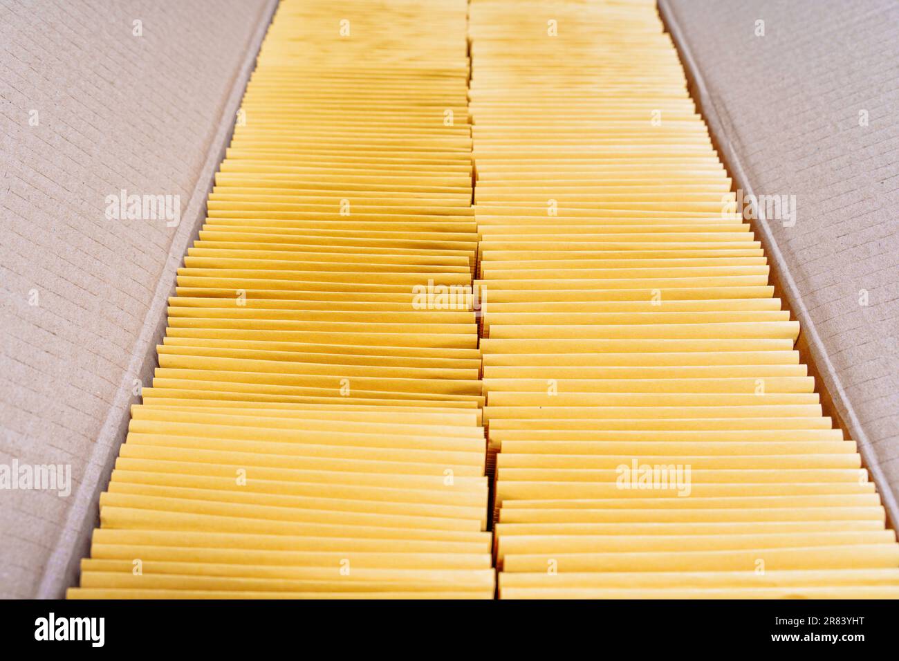 Close-up of a rectangular cardboard box filled with two stacks of yellow padded envelopes neatly packed inside. Stock Photo
