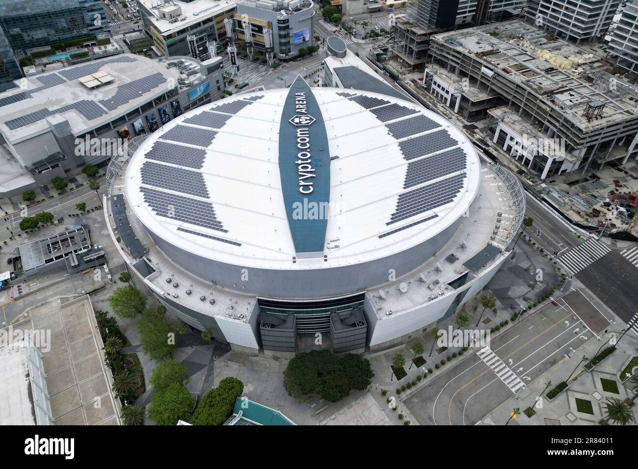 A general overall aerial view of the Crypto.com Arena, Sunday, June 18,  2023, in Los Angeles. (Kirby Lee via AP Stock Photo - Alamy