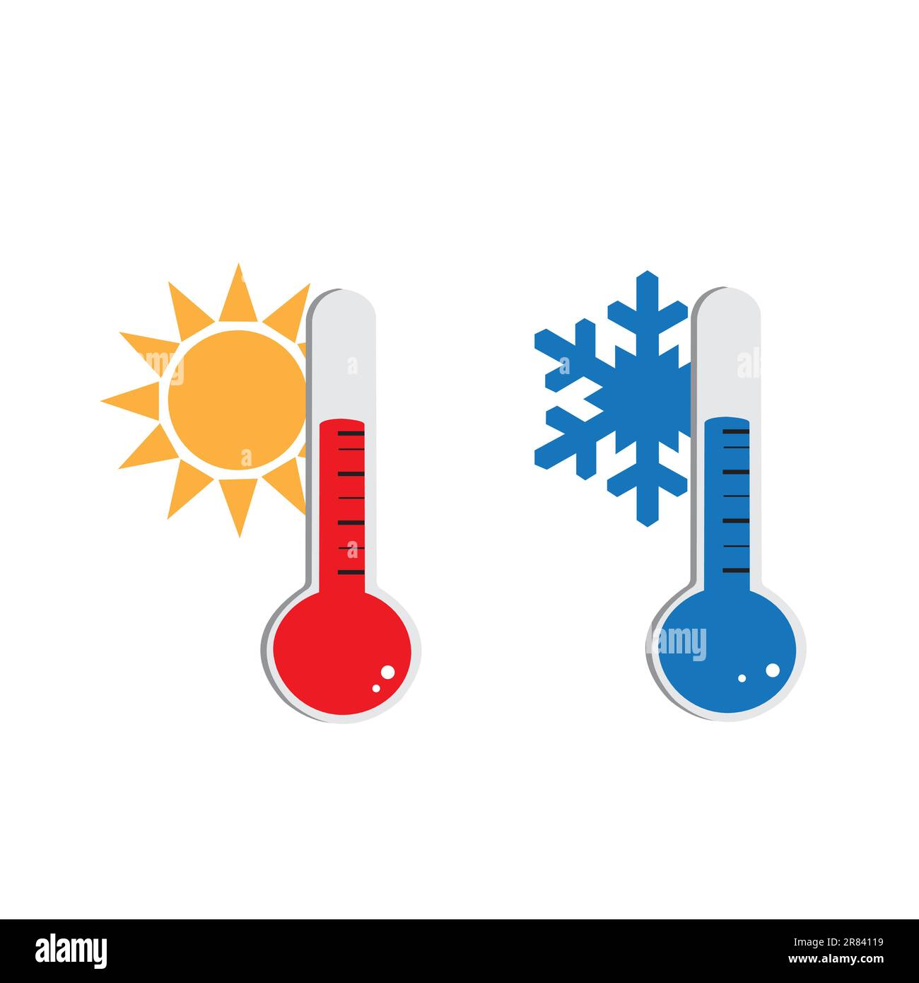 Thermometers showing hot and cold temperatures with a sun and a snowflake on a white background with copy space Stock Vector