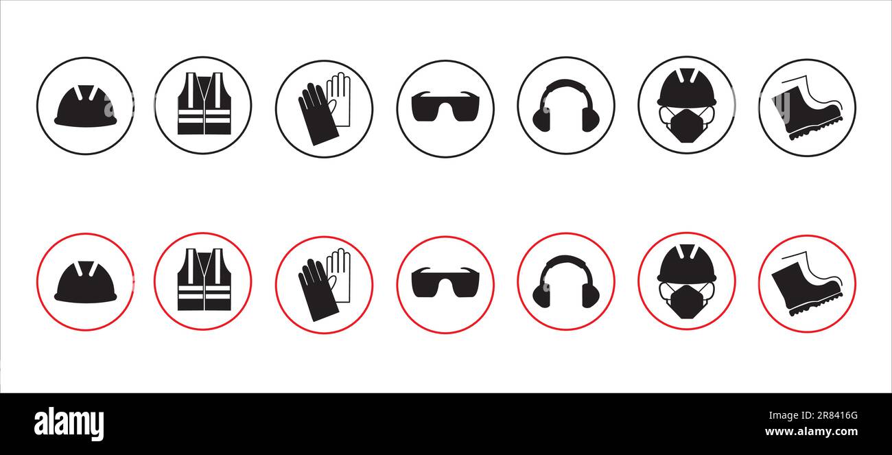 Signs of construction worker safety equipment on a white background