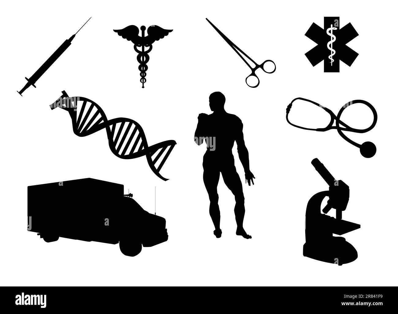 Medical equipment and related signs silhouettes, isolated on white background. Stock Vector