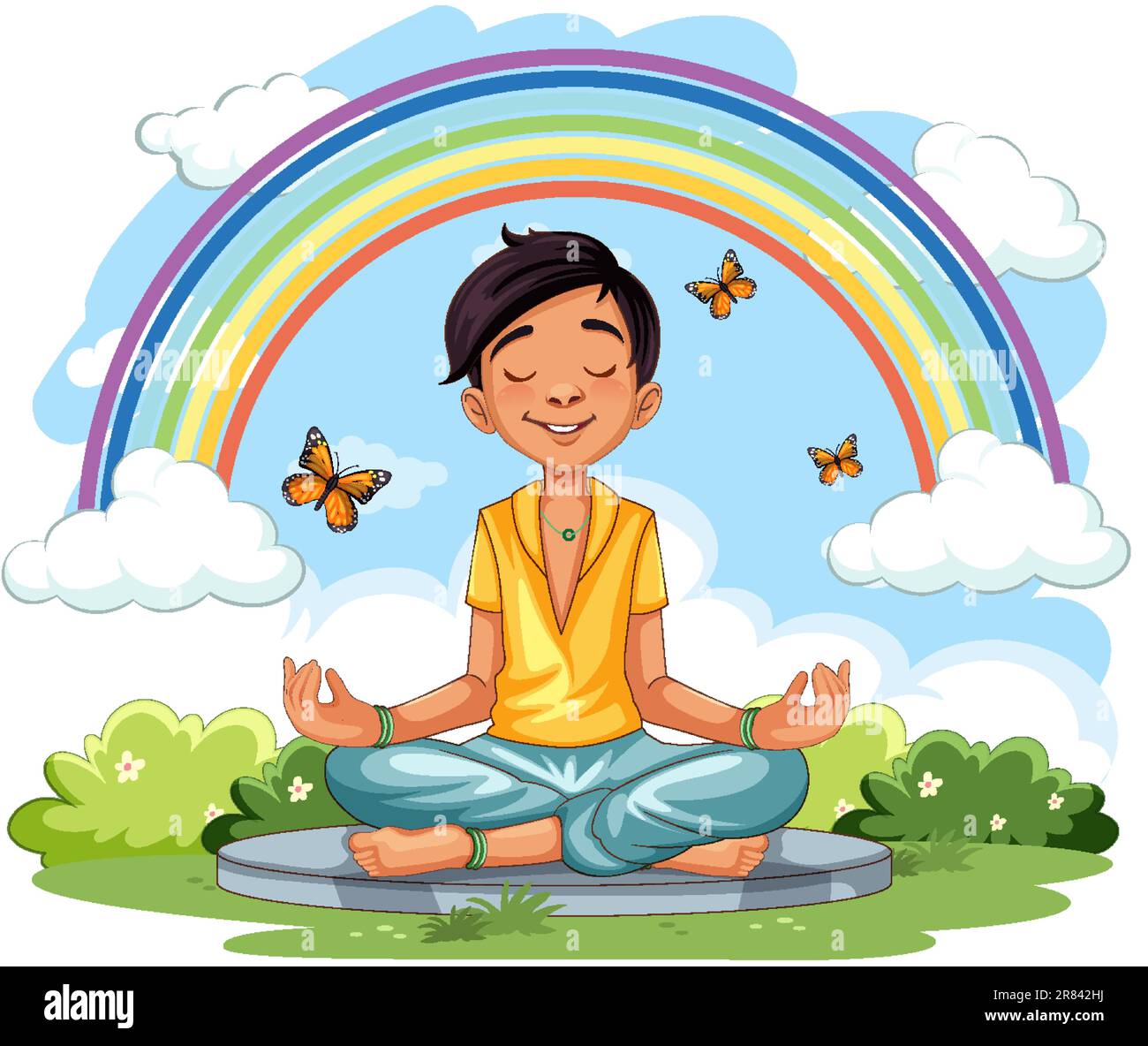 Asian boy meditate at the garden illustration Stock Vector