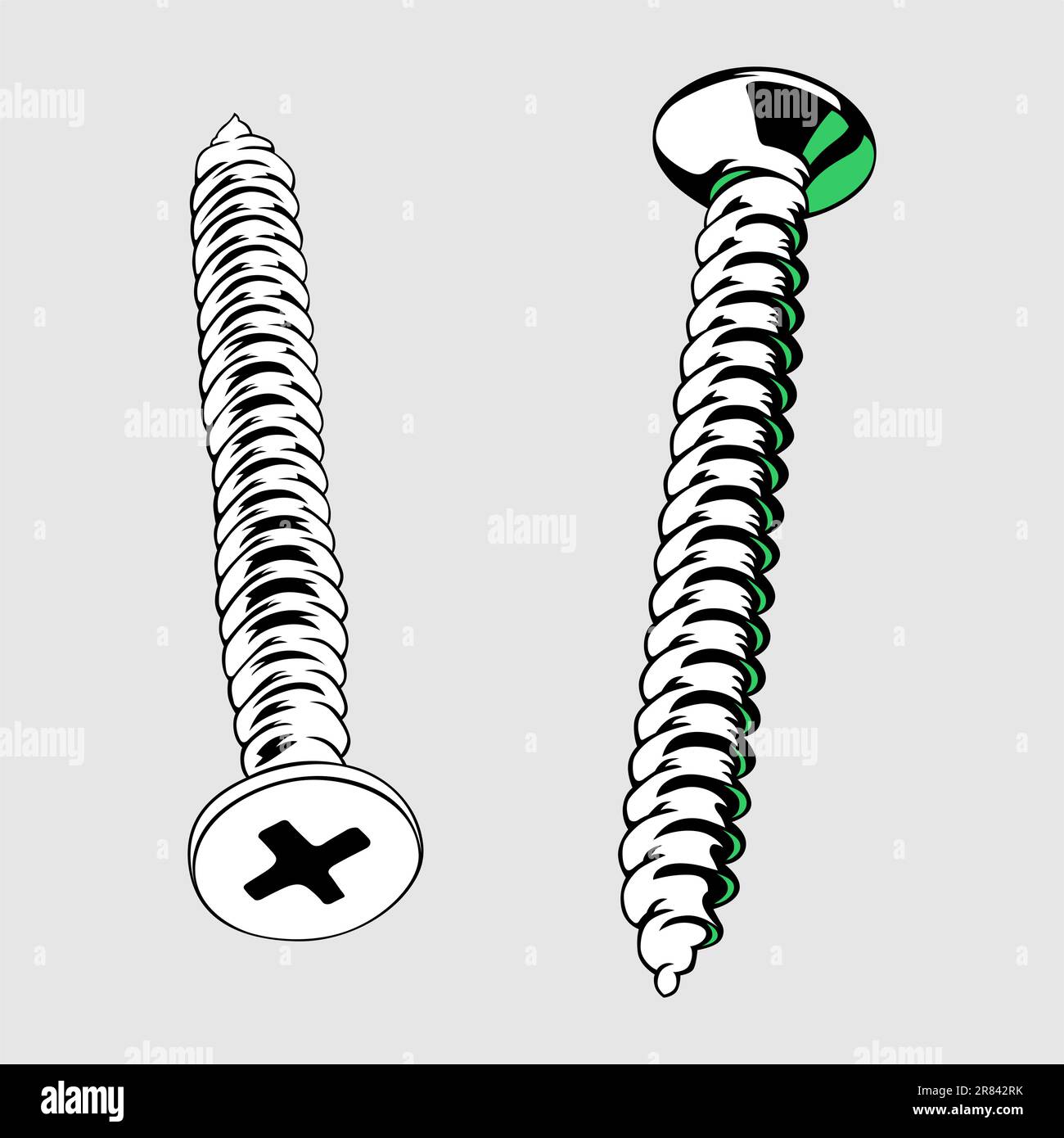 Two screws close-up on light grey background Stock Vector