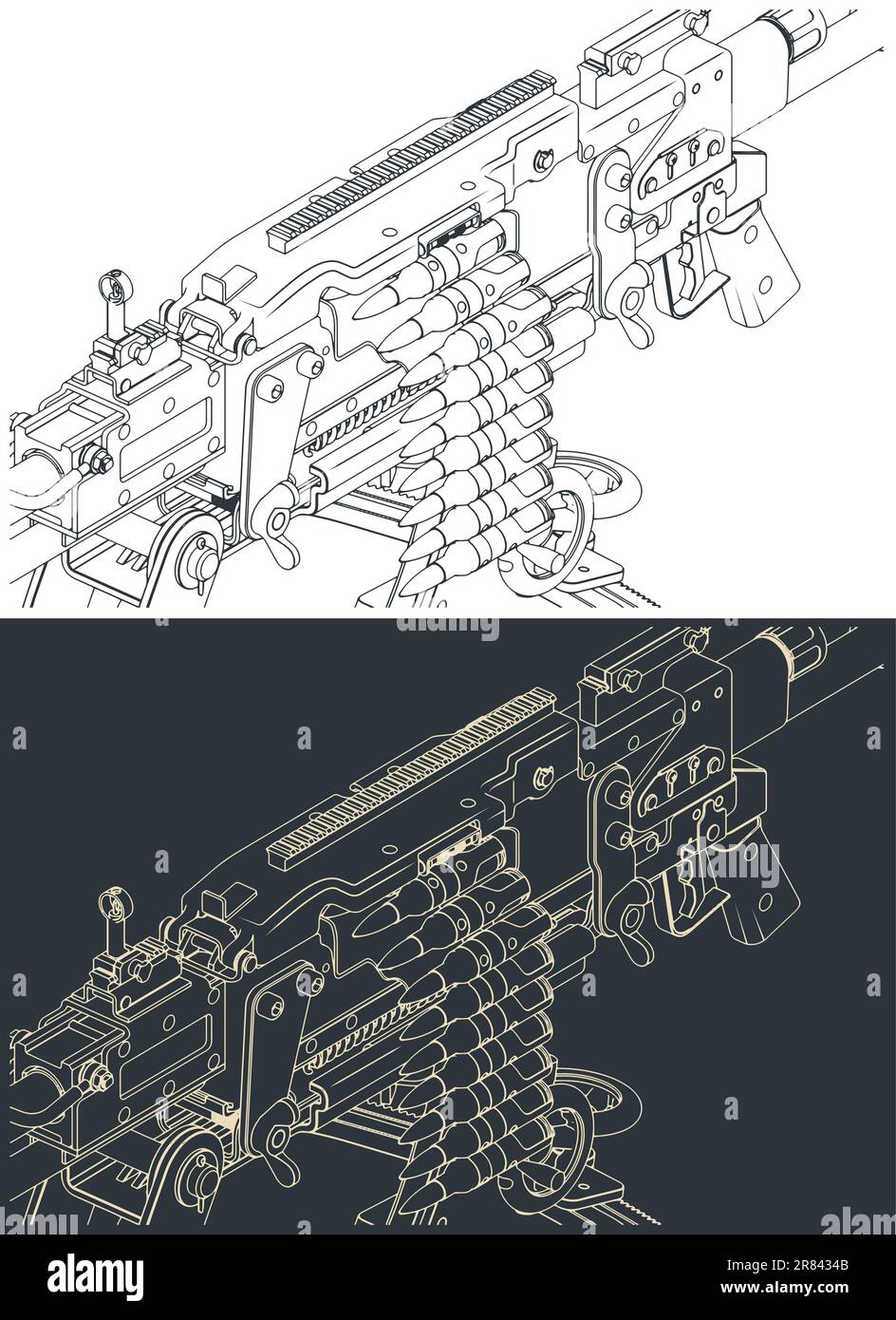 Stylized vector illustrations of heavy machine gun close up Stock Vector