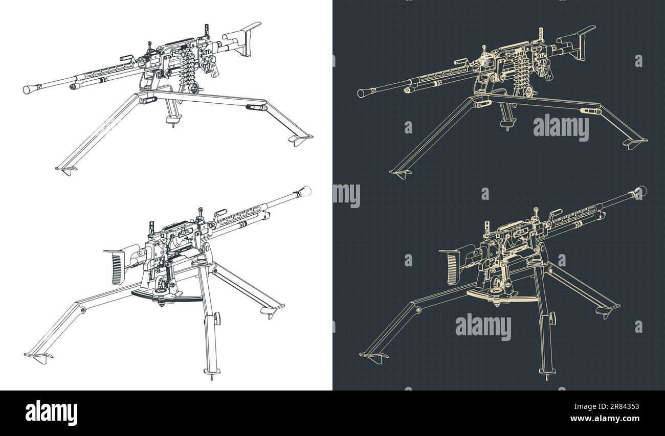 Stylized vector illustrations of blueprints of heavy machine gun Stock Vector