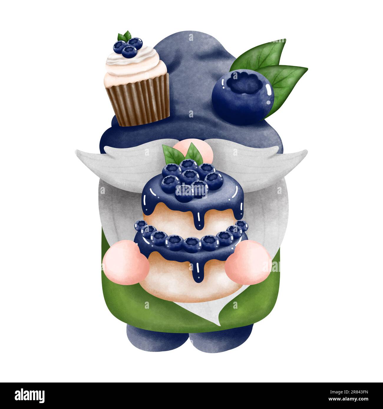 Watercolor blueberry gnome with blueberry cake and cupcake isolated on white background. Gnome summer fruit illustration,Invitation,birthday,decoratio Stock Photo