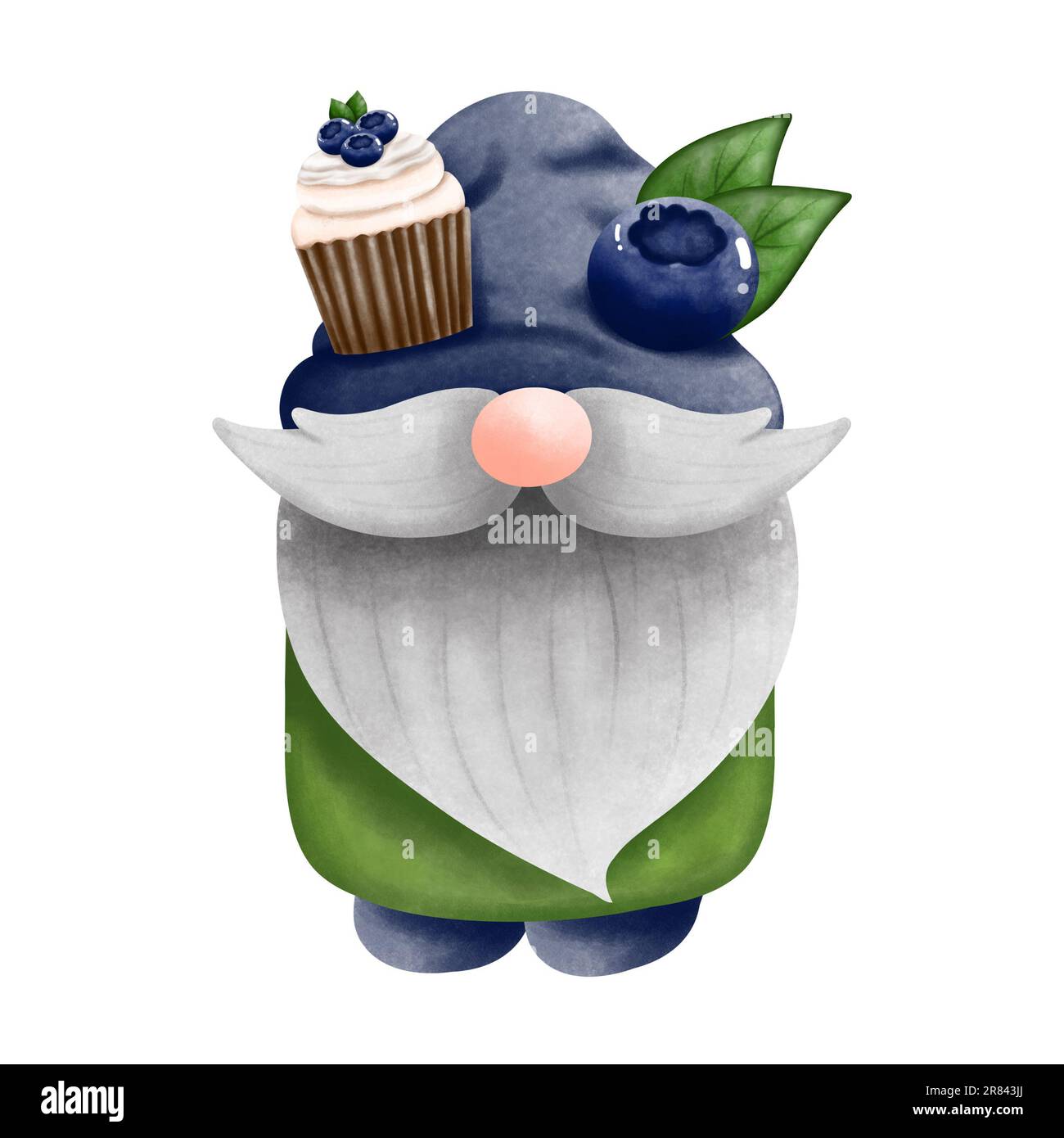 Watercolor blueberry gnome with cupcake. Gnome summer fruit illustration isolated on white background. Invitation,birthday,greeting,decoration,etc. Stock Photo