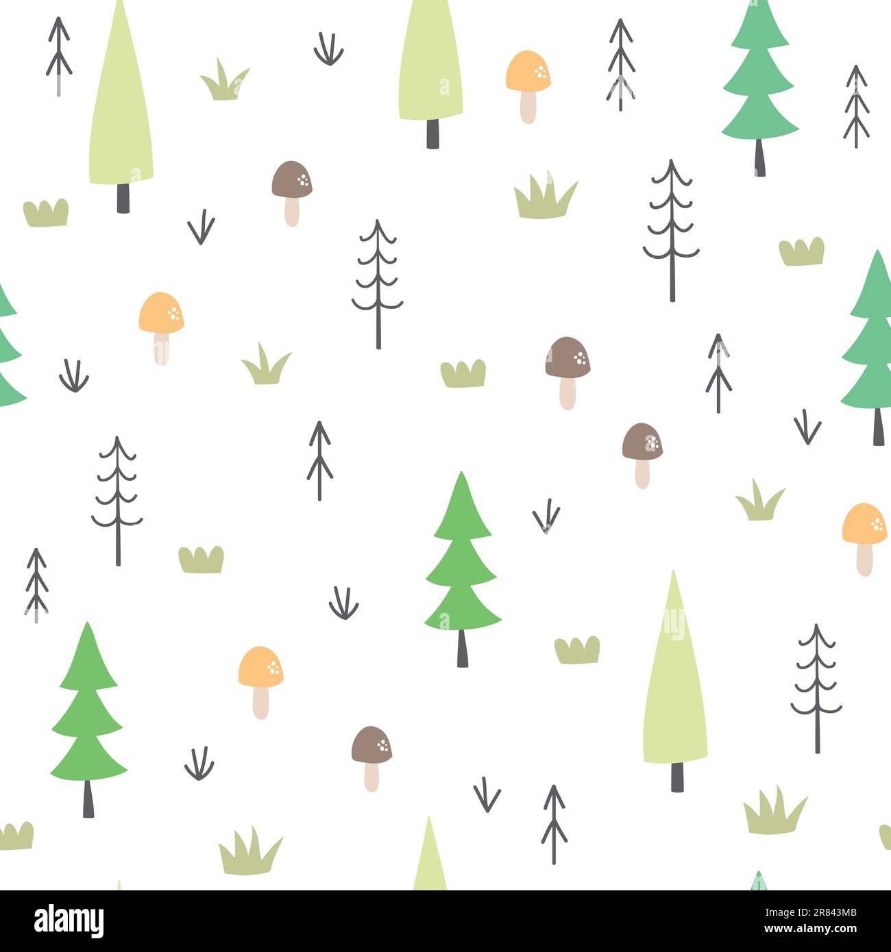 Cute Forest Seamless Pattern. Background With Trees, Mushrooms And 