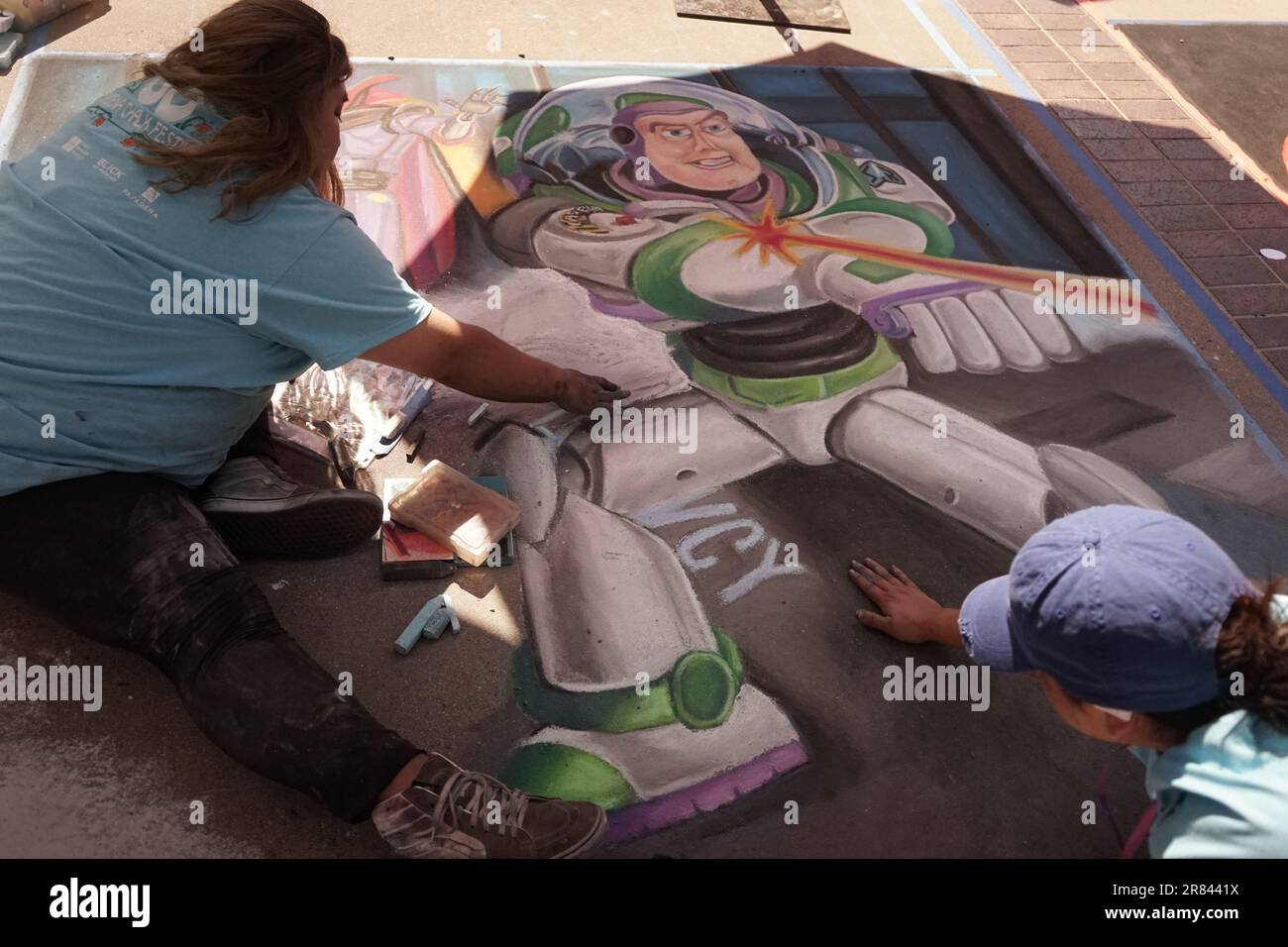 Pasadena, USA. 18th June, 2023. Artists paint with chalks during Pasadena Chalk Festival in
