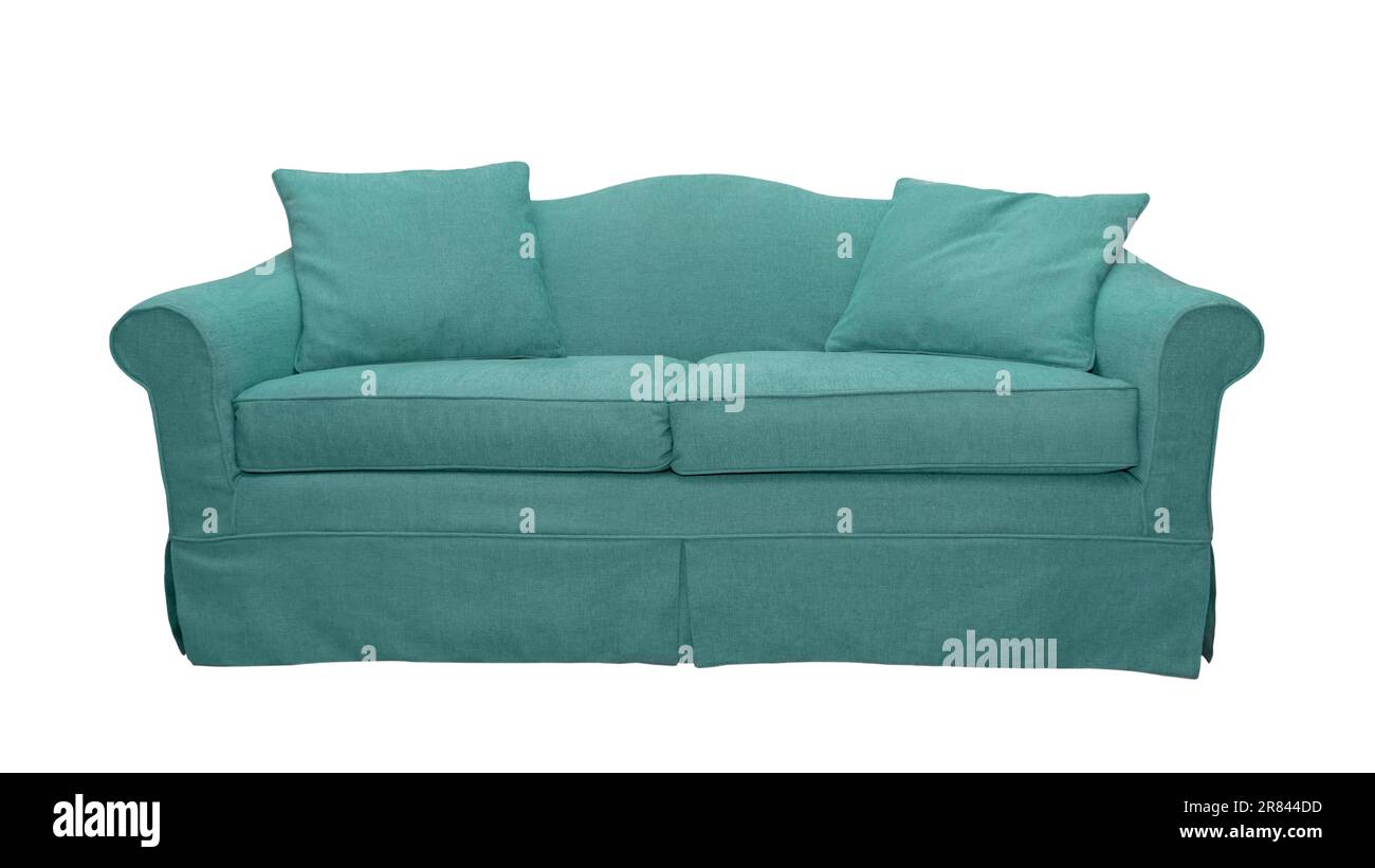 Turquoise sofa with two pillows isolated on white background. Classic