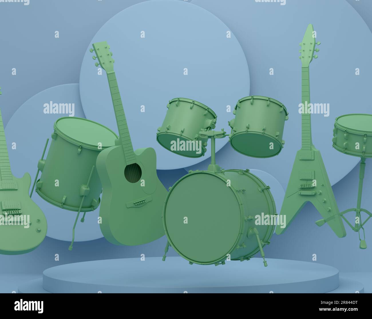 Acoustic guitars and drums with cymbals on podium or pedestal on