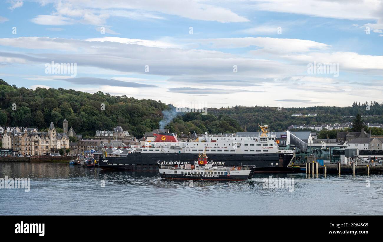 The Caledonian Macbrayne car ferries, Clansman, and Loch Striven in Oban Harbour. Stock Photo