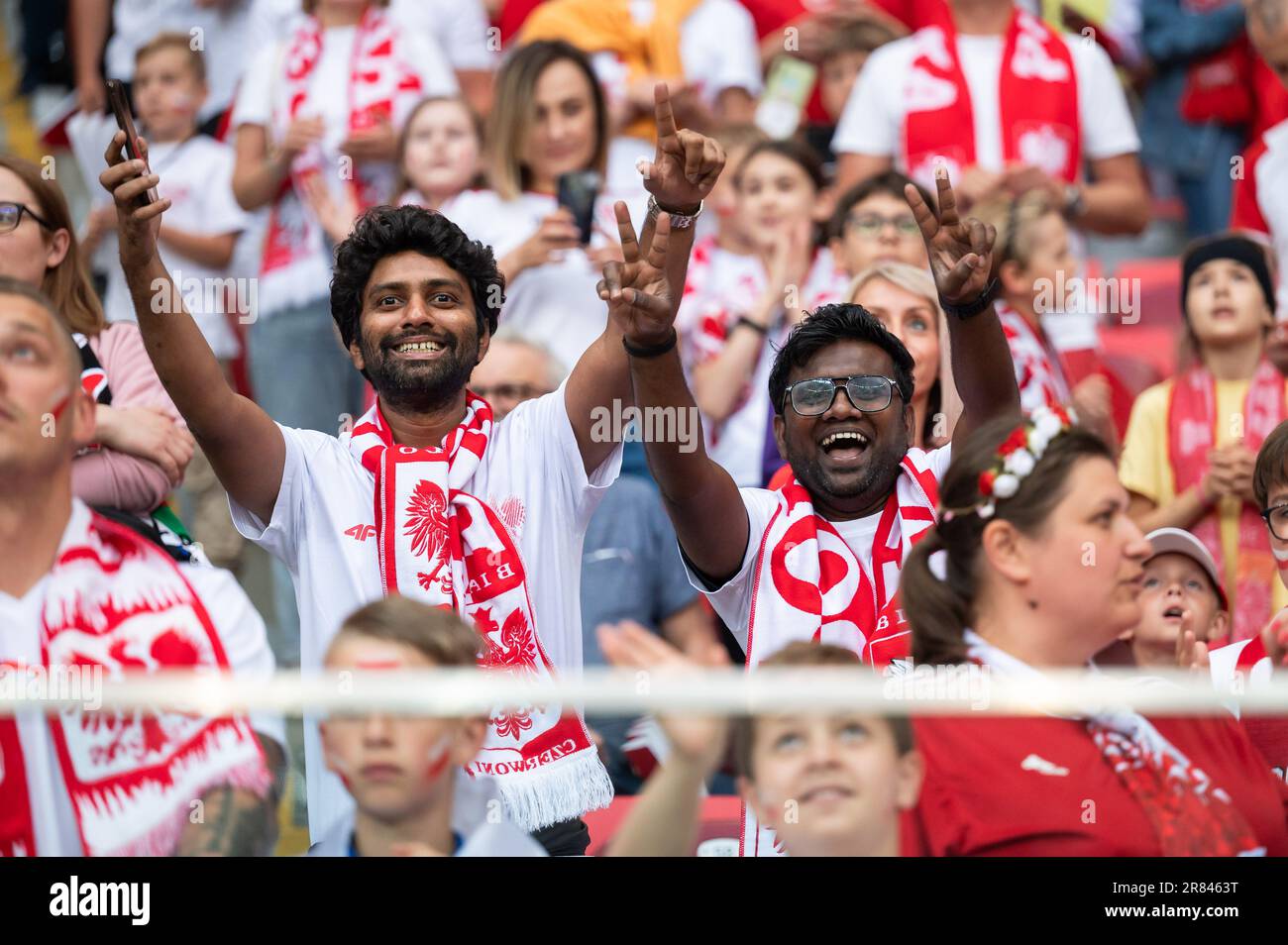 WARSAW, POLAND - JUNE 16, 2023: Friendly football match  Poland vs Germany 1:0. Supporters of Poland. Stock Photo