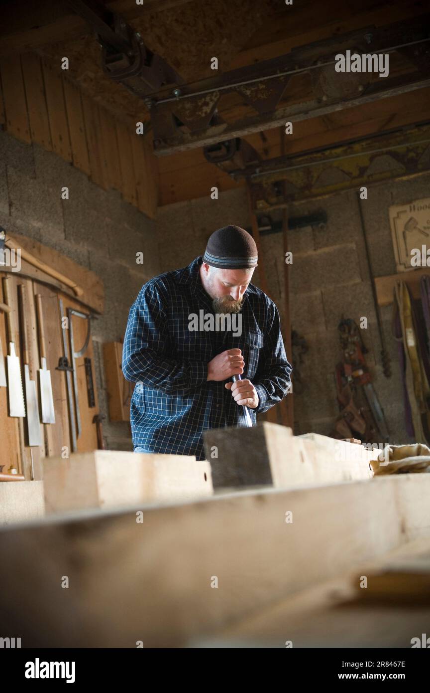 A timber framer cleans out a mortise joint with a mortise chisel Stock