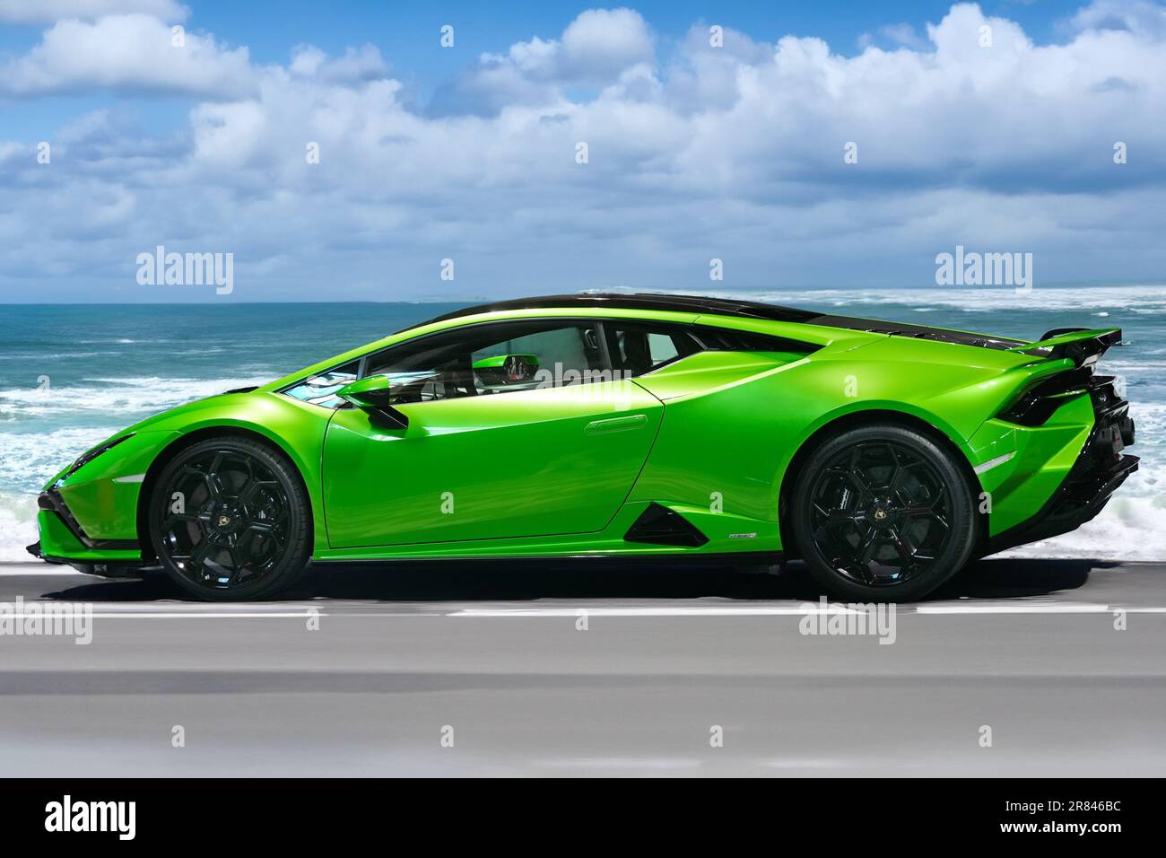 DUBAI, UAE - June, 2023: Lamborghini Huracan, luxury car on a riviera road , Supercar. Stock Photo