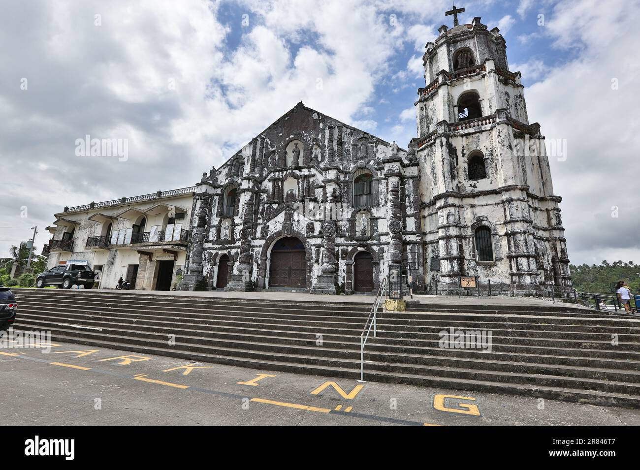 Daraga church convent made with Mount Mayon volcanic rocks, volcano, historical Philippines, Churrigueresque spanish colonial era architectural style Stock Photo