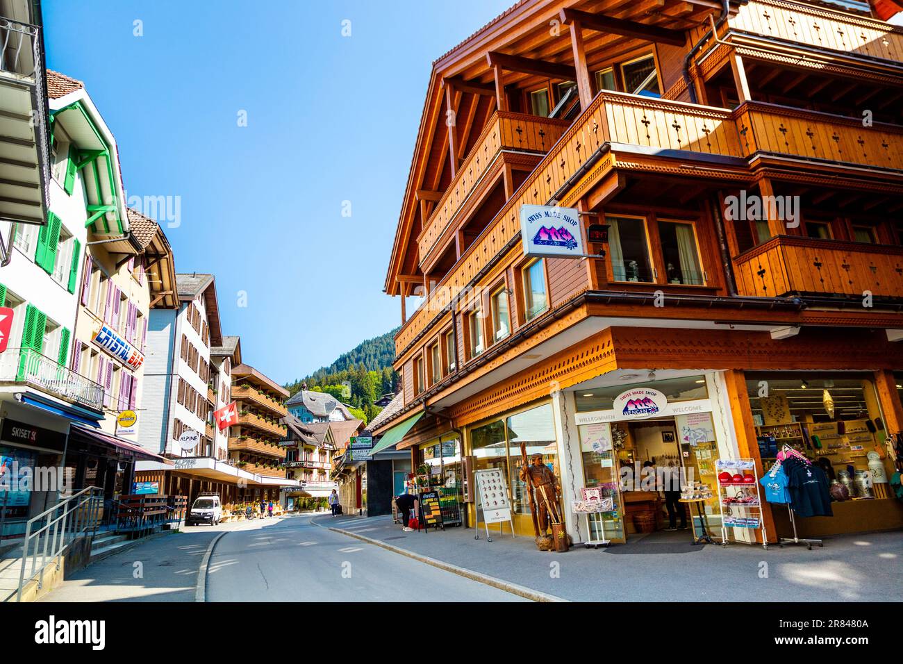 Main street (Dorfstrasse) in Wengen, Switzerland Stock Photo