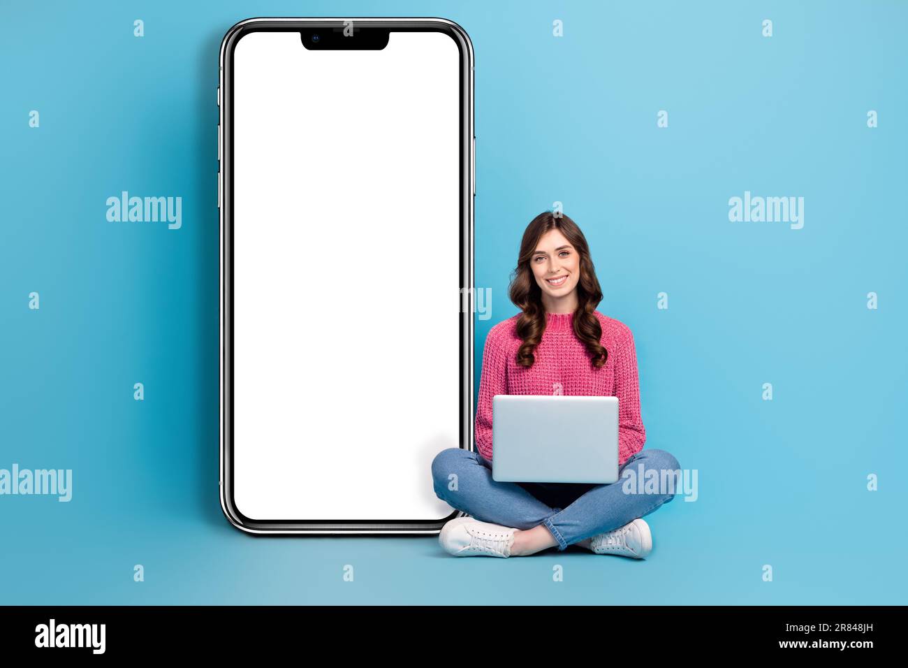 Full length photo of professional lady programmer freelancer sit with ...