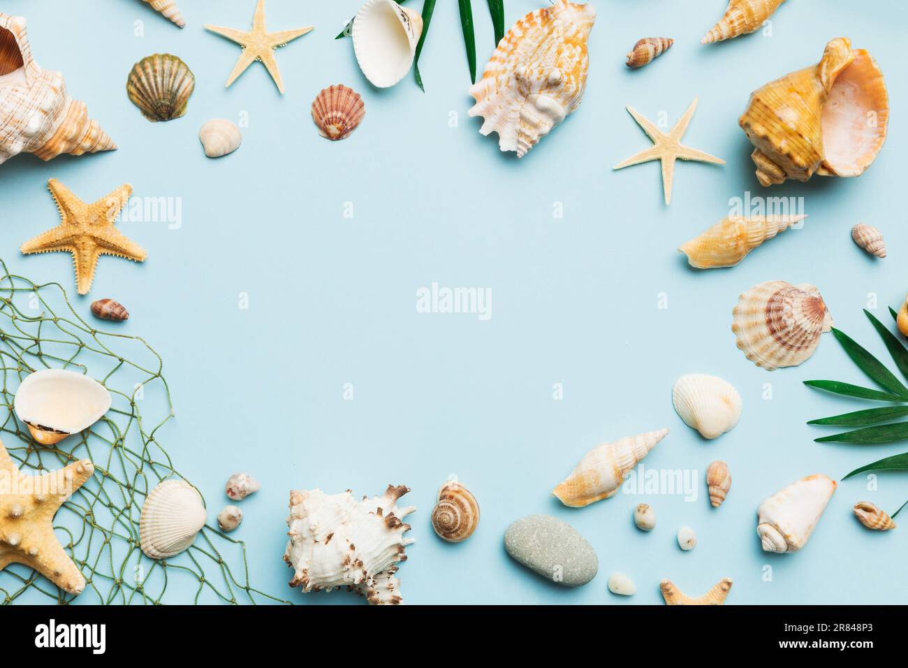 Summer time concept Flat lay composition with beautiful starfish and ...