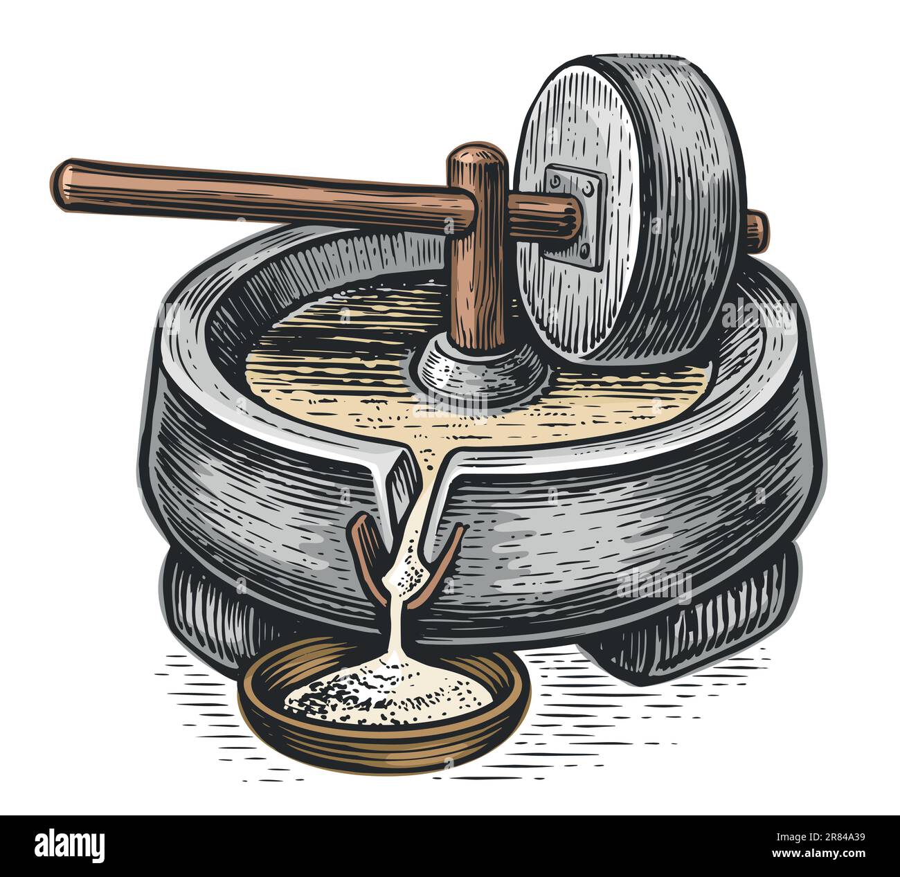 Manual old millstone. Grain grinding equipment. Vector illustration Stock Vector