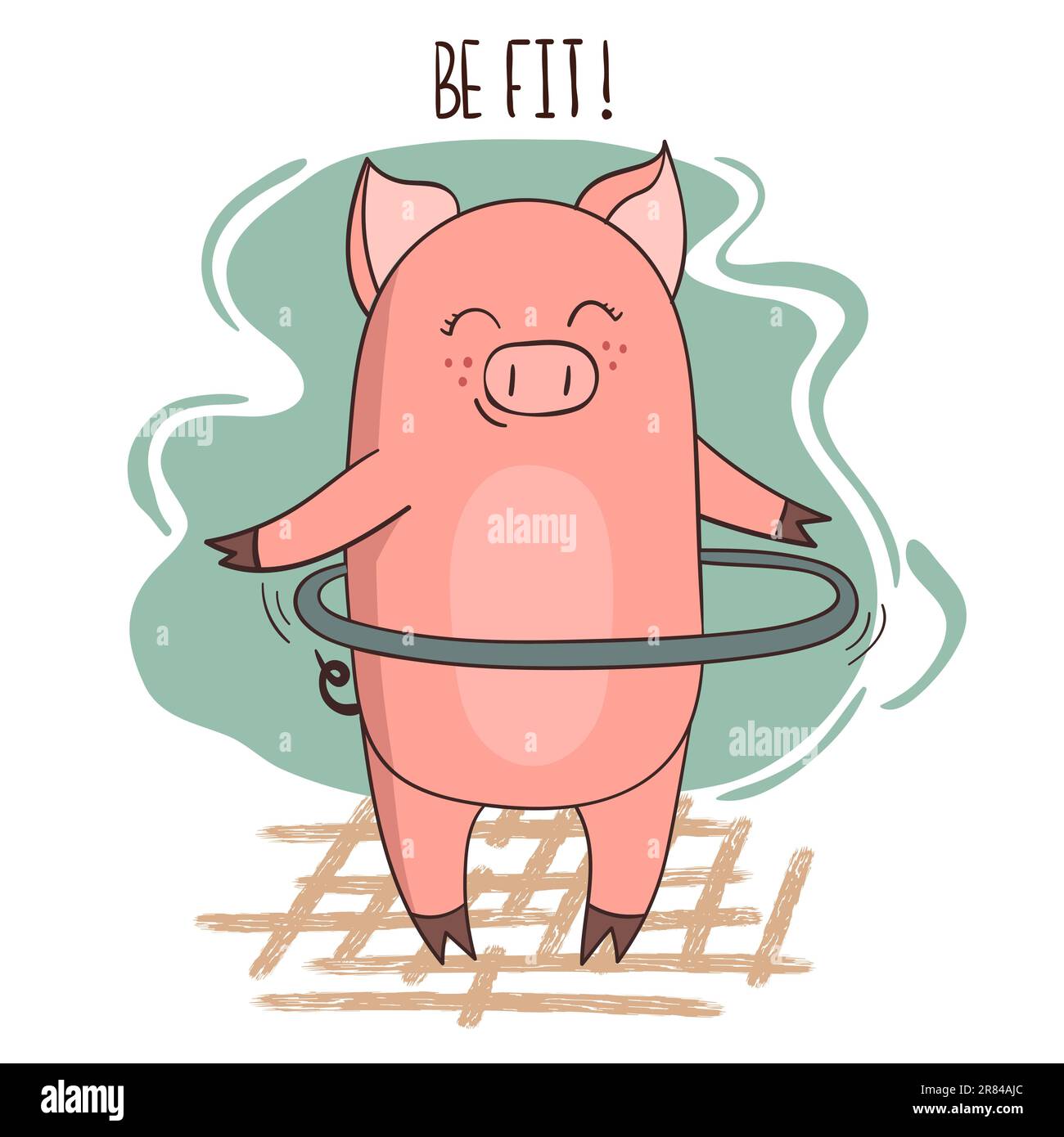 Cute cartoon pig exercising with hula hoop. Vector fitness illustration. Stock Vector