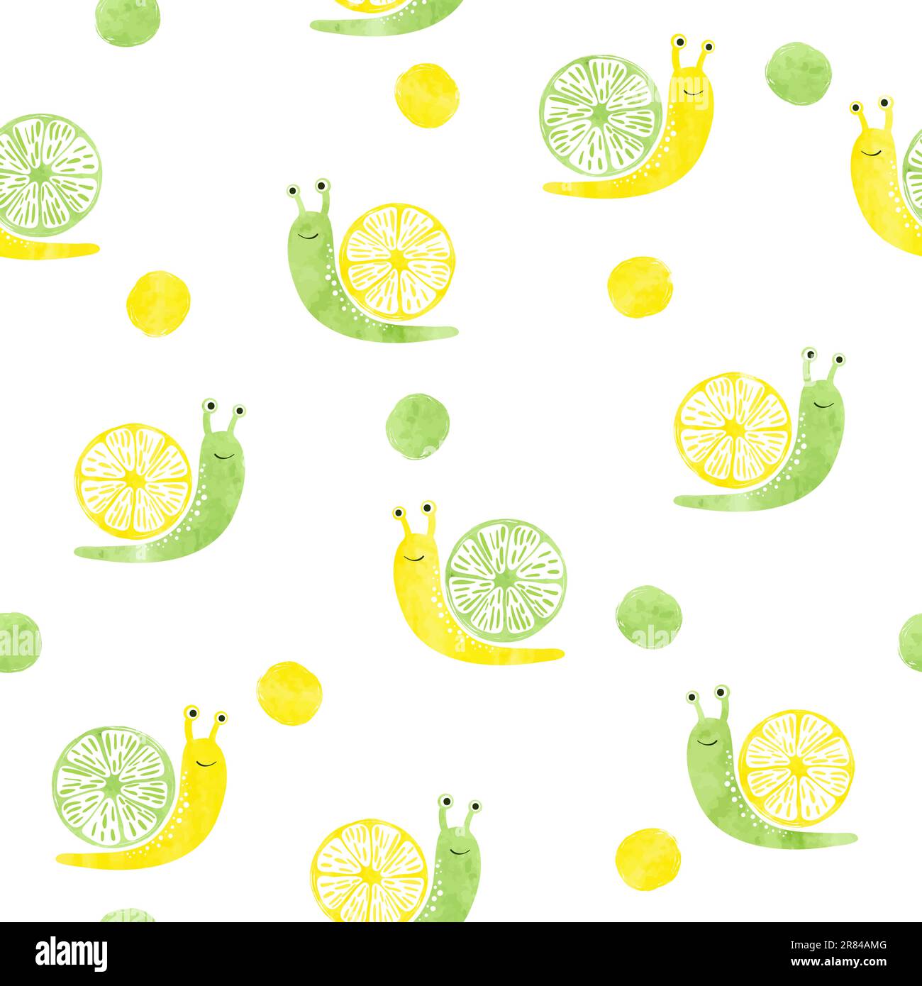Seamless pattern with cute watercolor citrus snails. Stock Vector