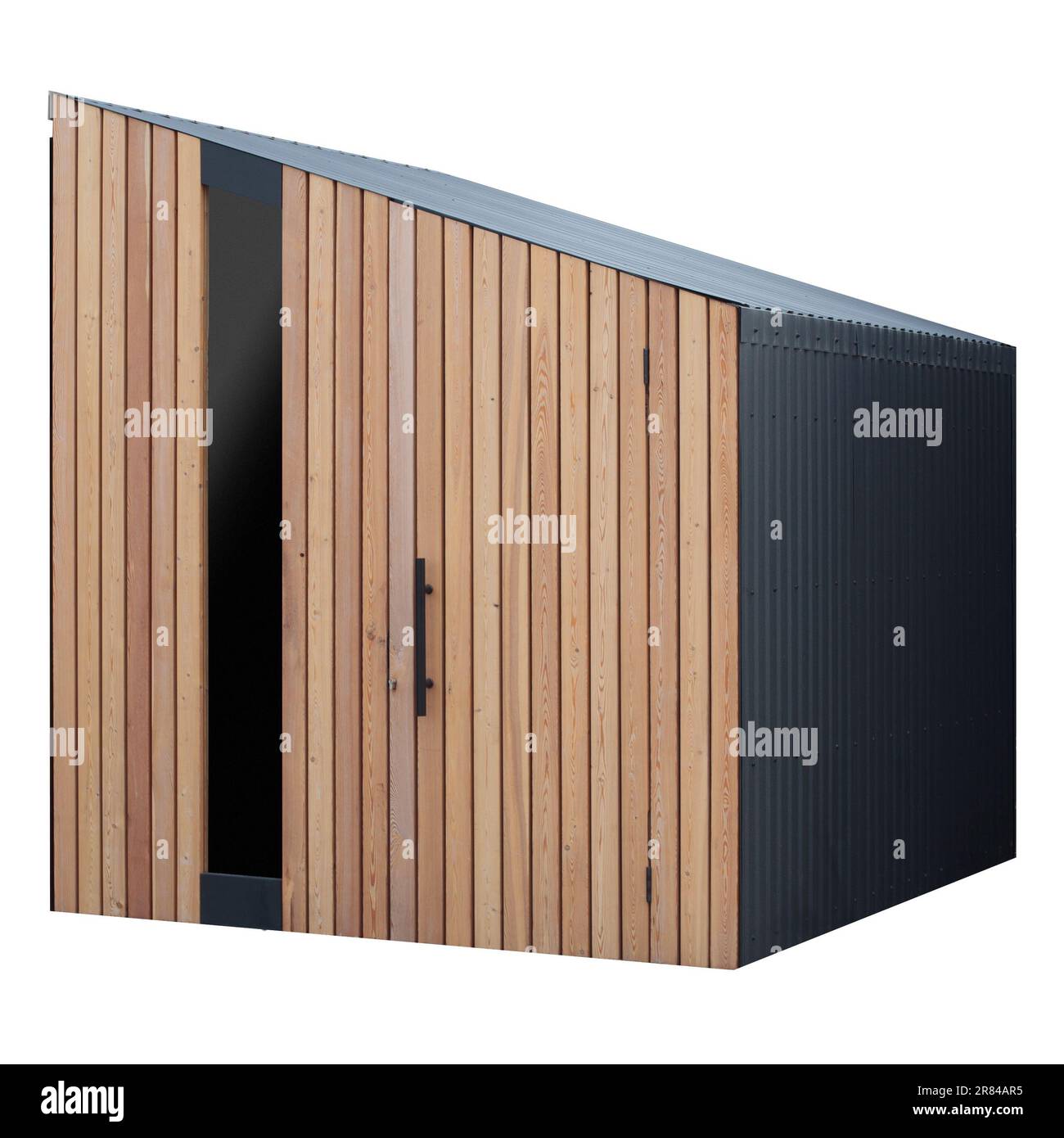 Garden shed, modern, from wood, on white background. Front Stock Photo