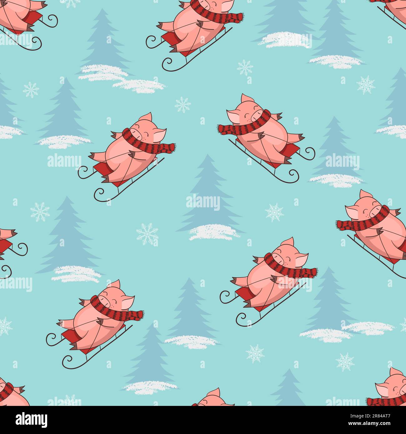 Christmas pattern with cute sledding pig. Vector New Year seamless background. Stock Vector