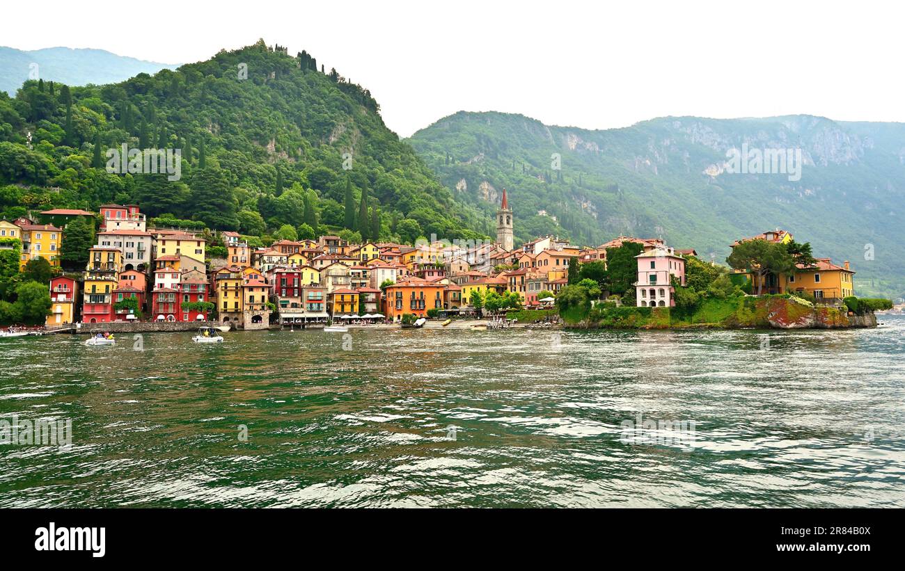View of Beautiful town of Varenna from Lake Como in Italy Stock Photo