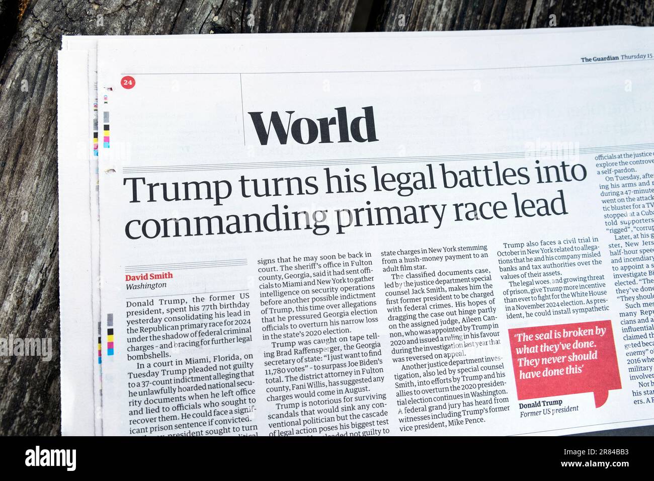 Donald 'Trump turns his legal battles into commanding primary race lead' Guardian newspaper headline US election article 15 June 2023 London UK Stock Photo