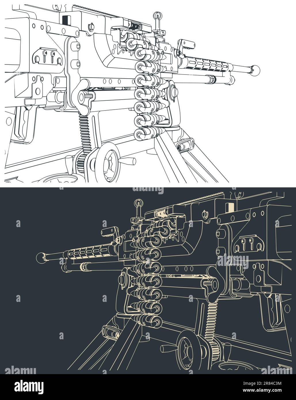 Stylized vector illustrations of heavy machine gun close up Stock Vector