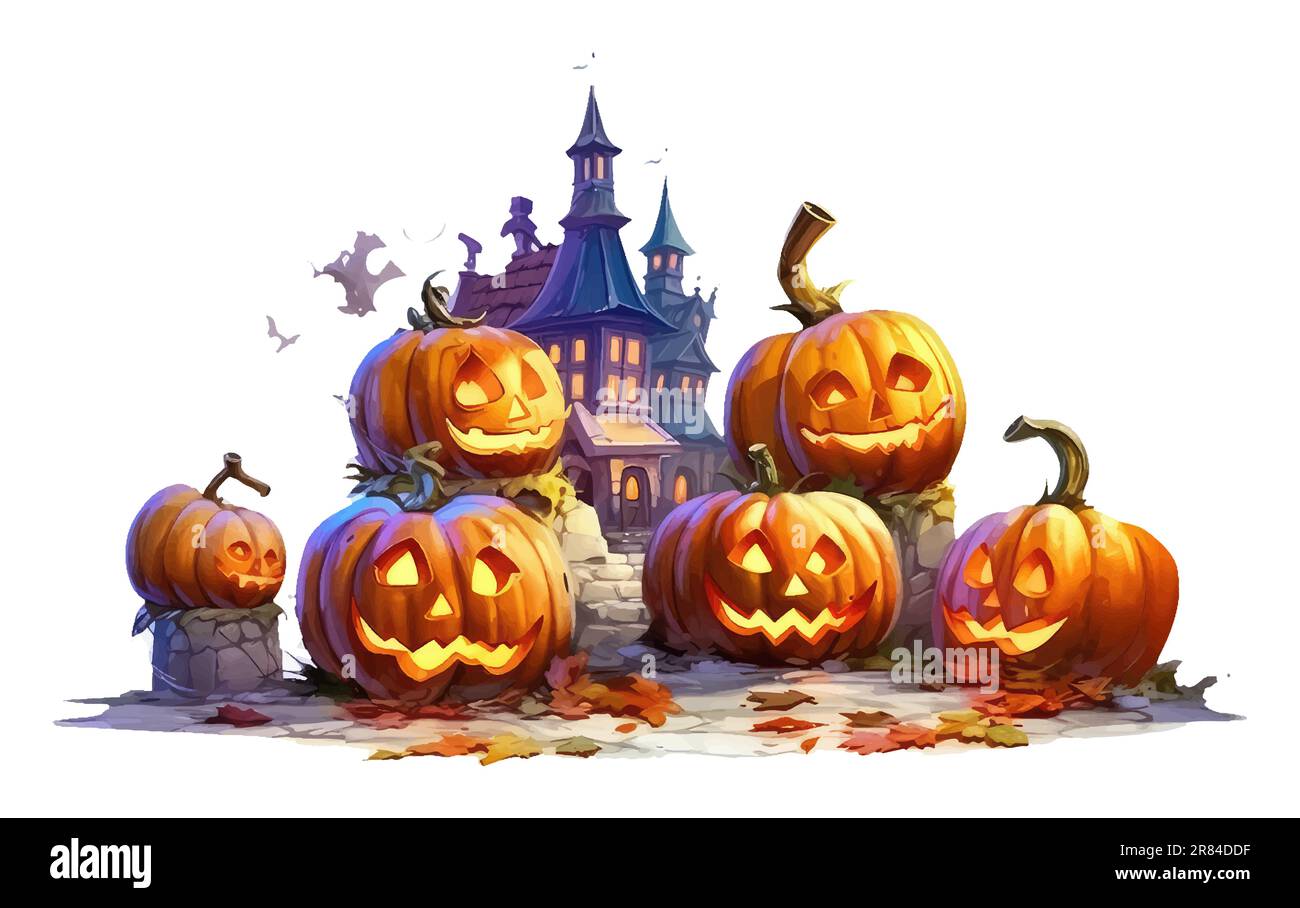Halloween night background, pumpkins and dark castle. Stock Vector