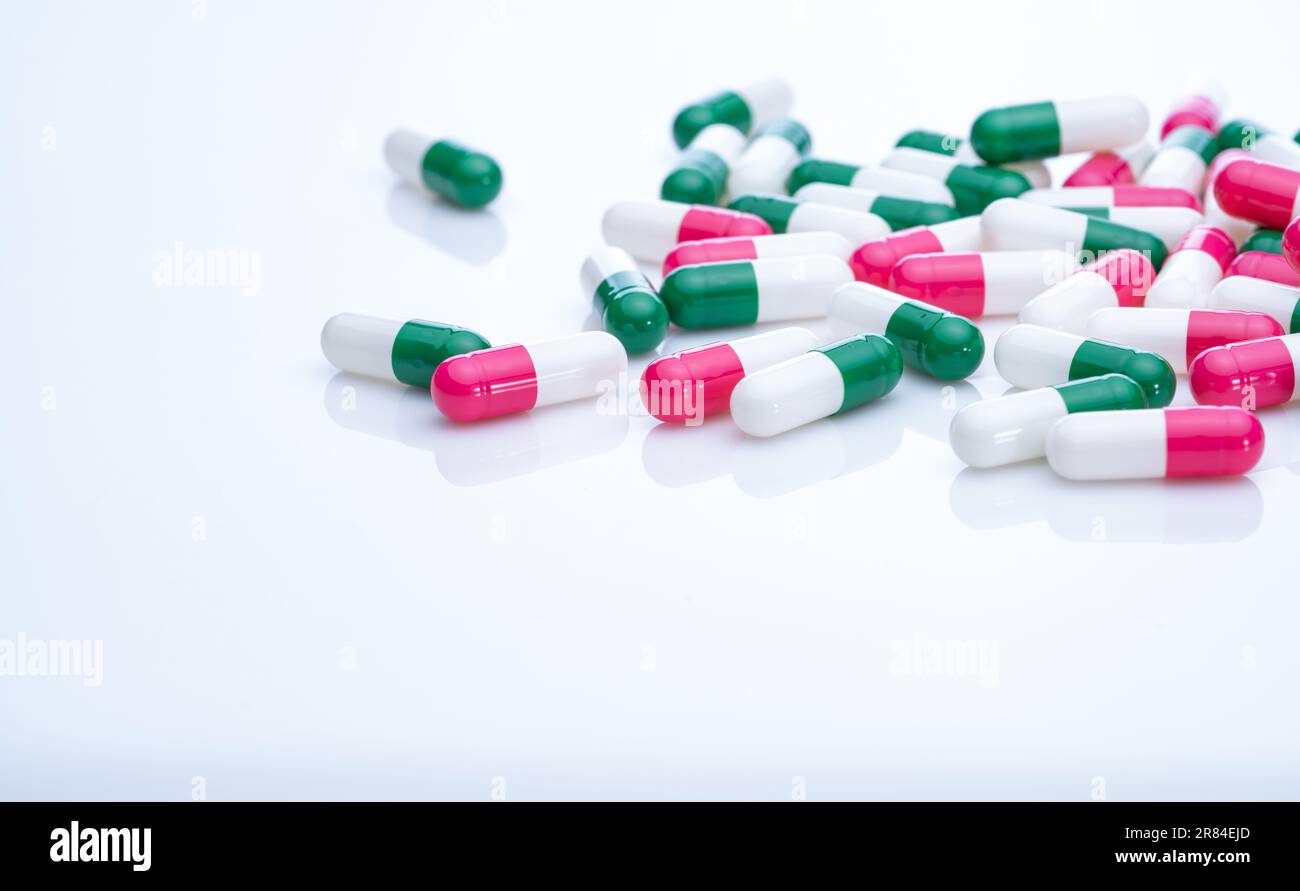 Capsules pill spread on white background. Prescription drugs. Capsule