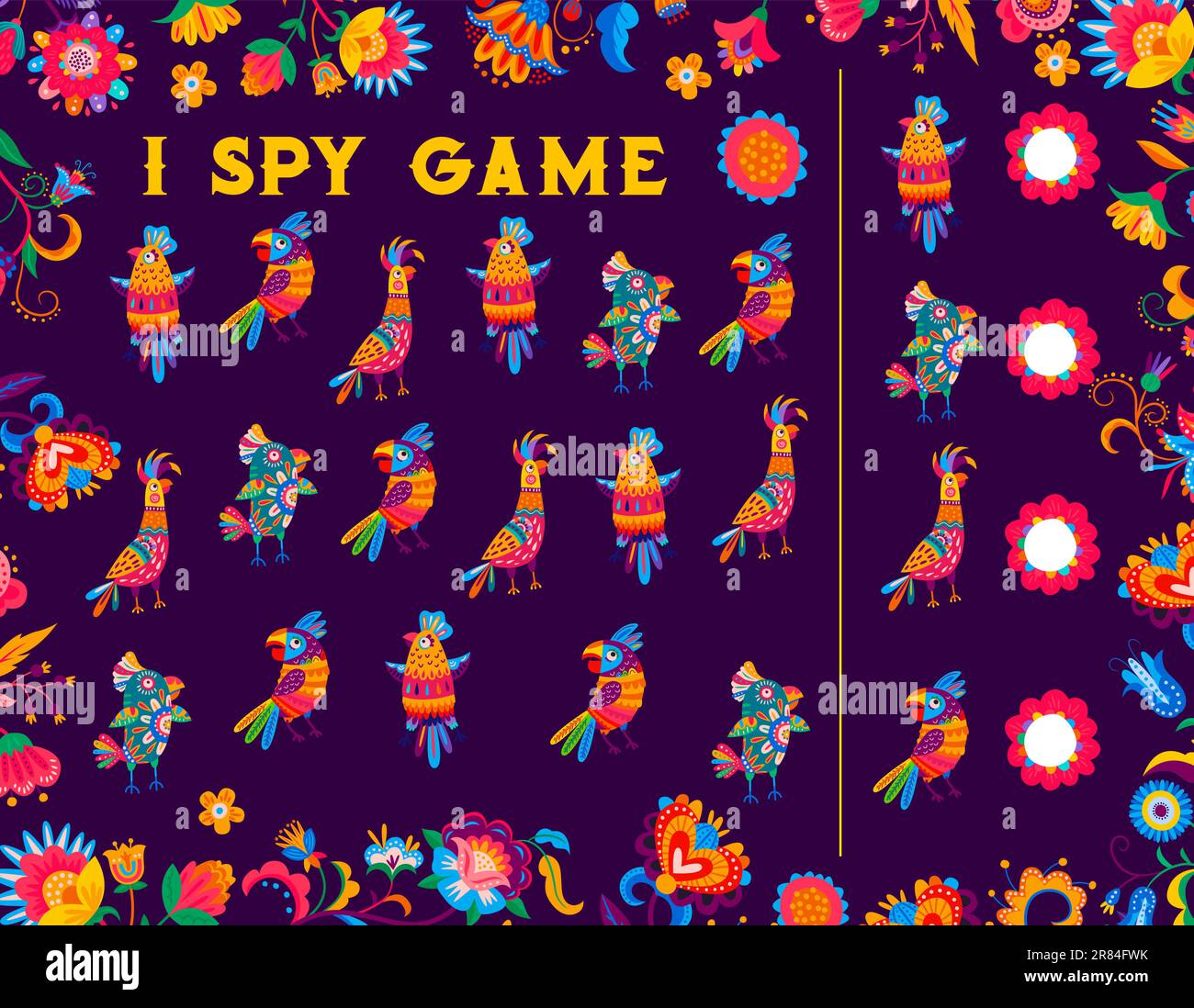 I spy game, Mexican and Brazilian parrots with floral motif, vector