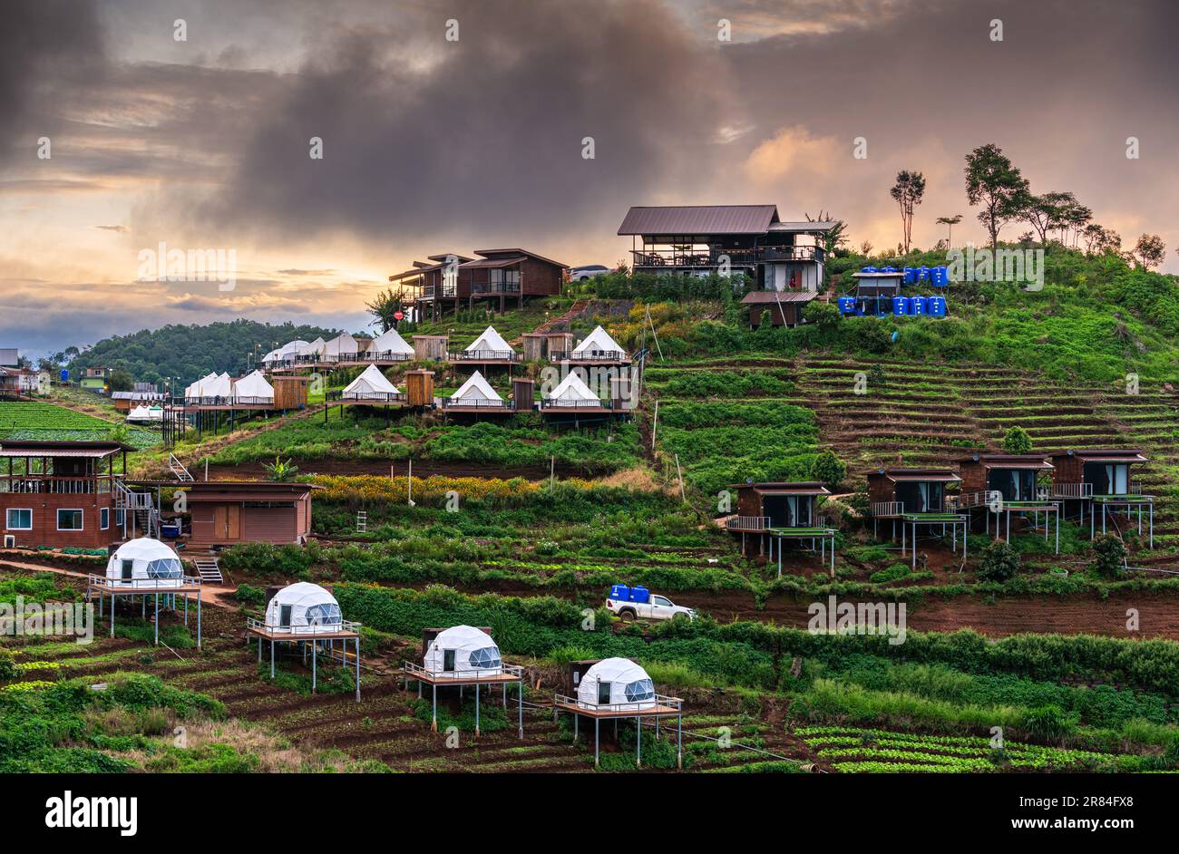 Homestay's at sunrise in Mon Jam, Chiang Mai, Northern Thailand Stock Photo