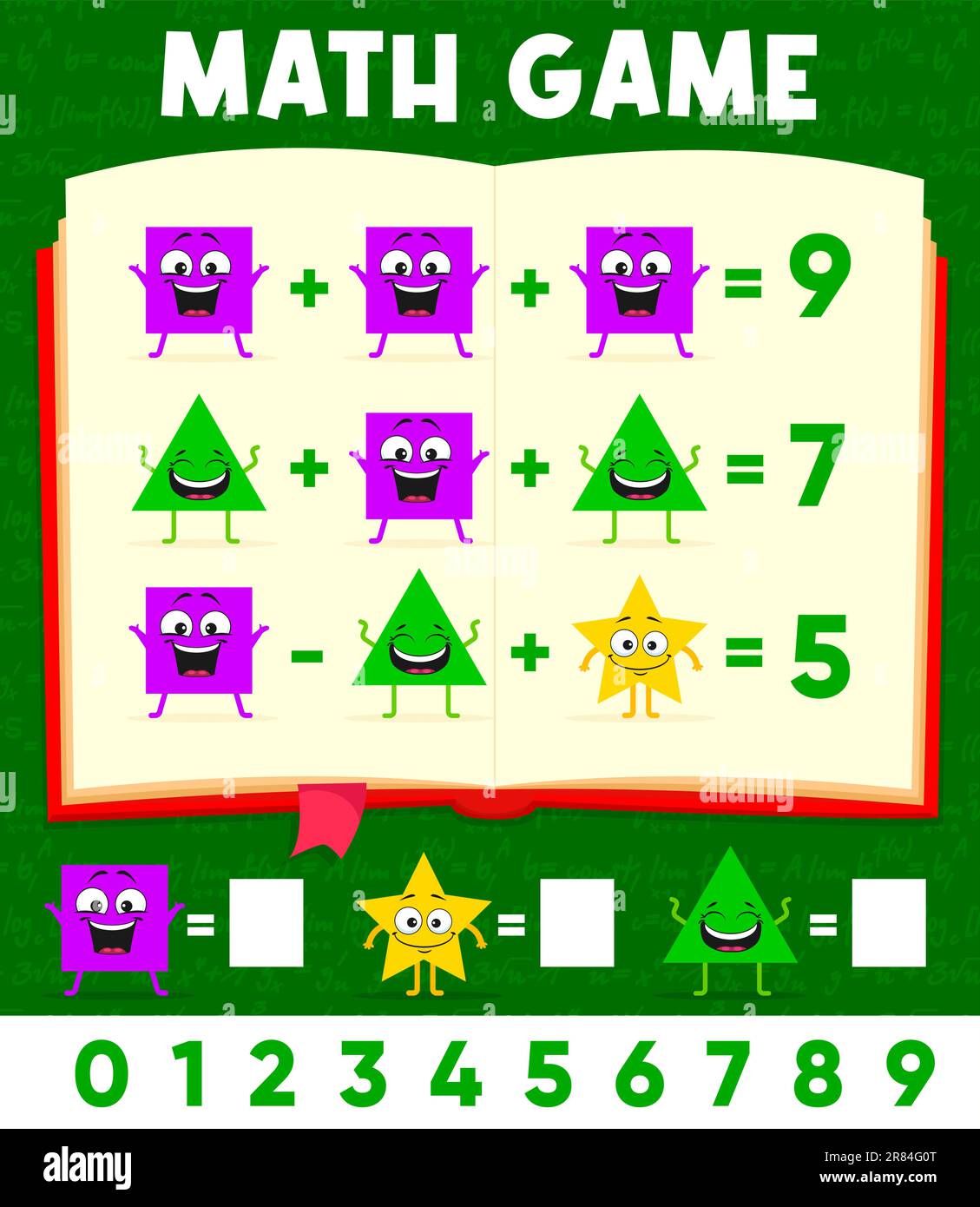 Cartoon math shape characters, math game worksheet or mathematics quiz