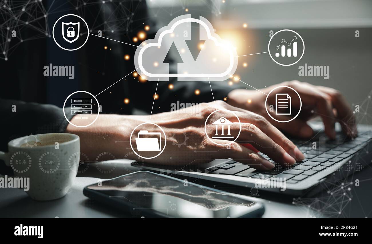 Virtual screen with cloud computing diagram displayed by a man Stock Photo