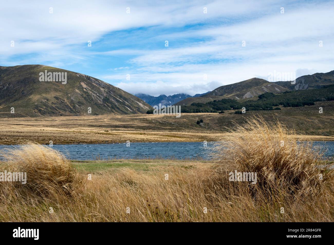 Tussock covered plains and mountains, Lake Tennyson, near Hanmer Springs, Canterbury, South Island, New Zealand Stock Photo