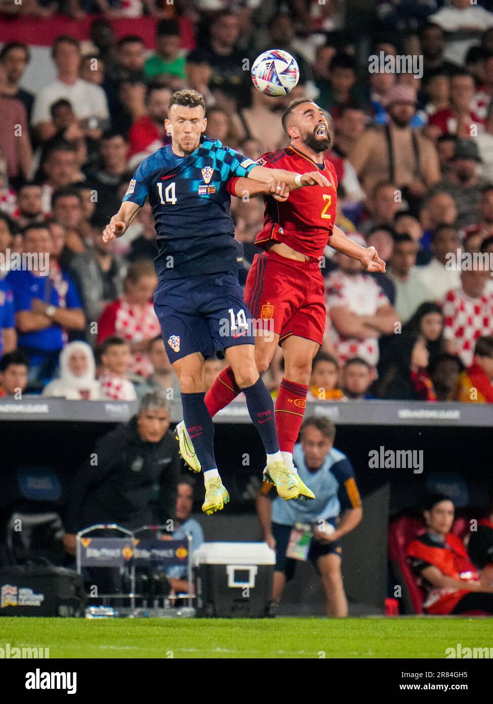 ROTTERDAM, NETHERLANDS - JUNE 18: Ivan Perisic of Croatia and Dani Carvajal of Spain compete for the headed ball during the UEFA Nations League 2022/23 Final match between Croatia and Spain at the De Kuip on June 18, 2023 in Rotterdam, Netherlands (Photo by Rene Nijhuis/BSR Agency) Stock Photo