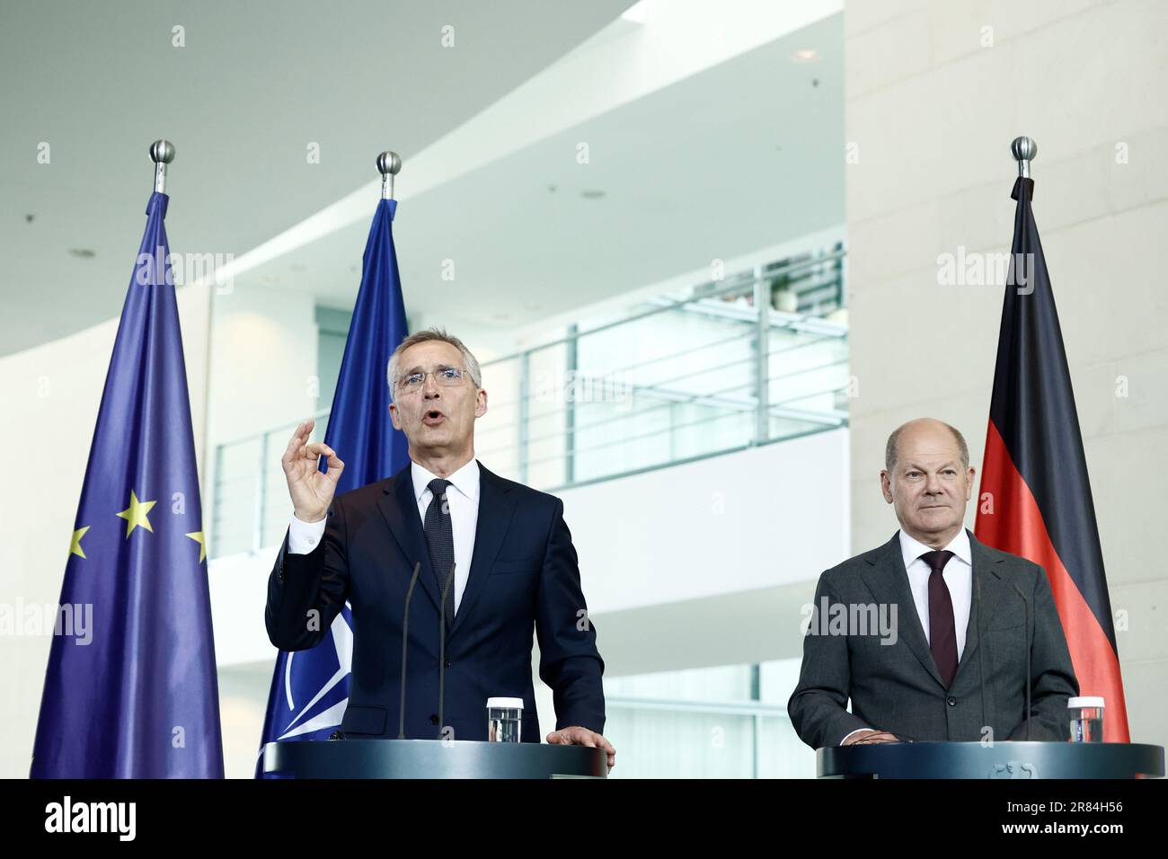 Nato secretary general jens stoltenberg gestures hi-res stock ...