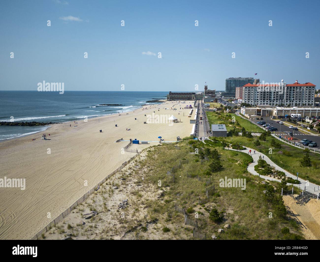A drones view looking south at Asbury parks beach and boardwalk on a ...