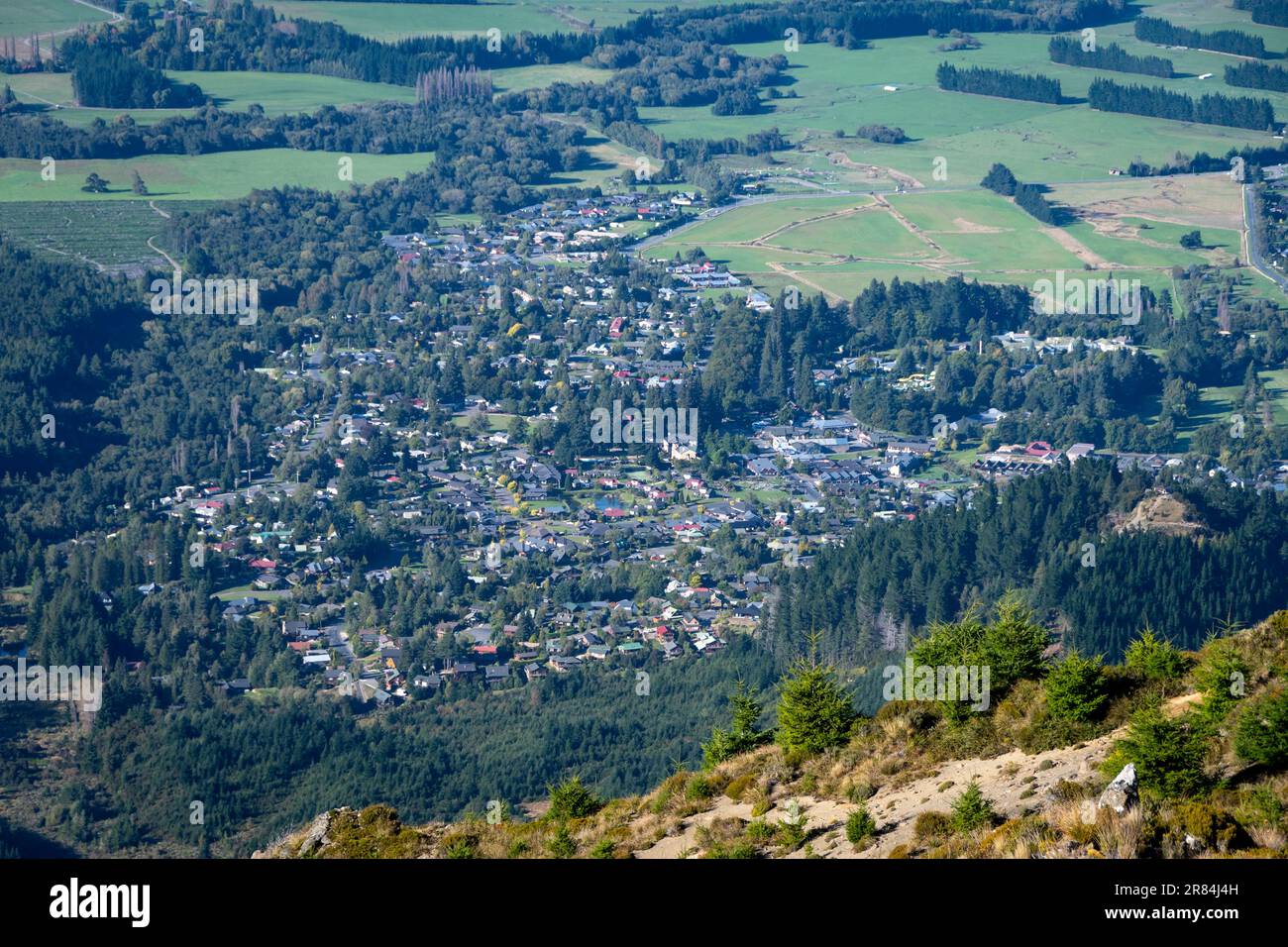 Hanmer Springs from Mount Isobel, Canterbury, South Island, New Zealand Stock Photo